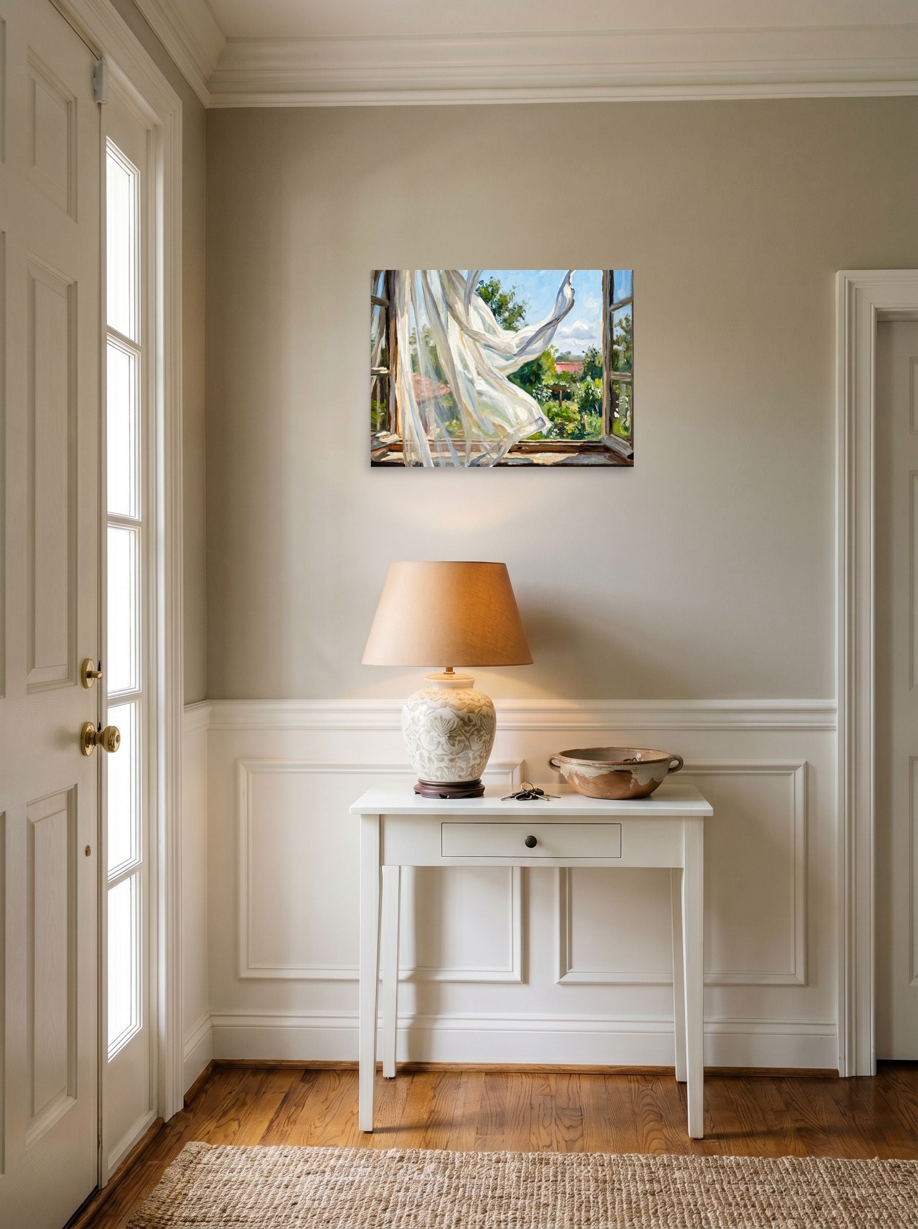 A 24x18 inch unframed paper Impressionism,Plein Air print of 'The Open Window' hanging in an entryway near a console.
