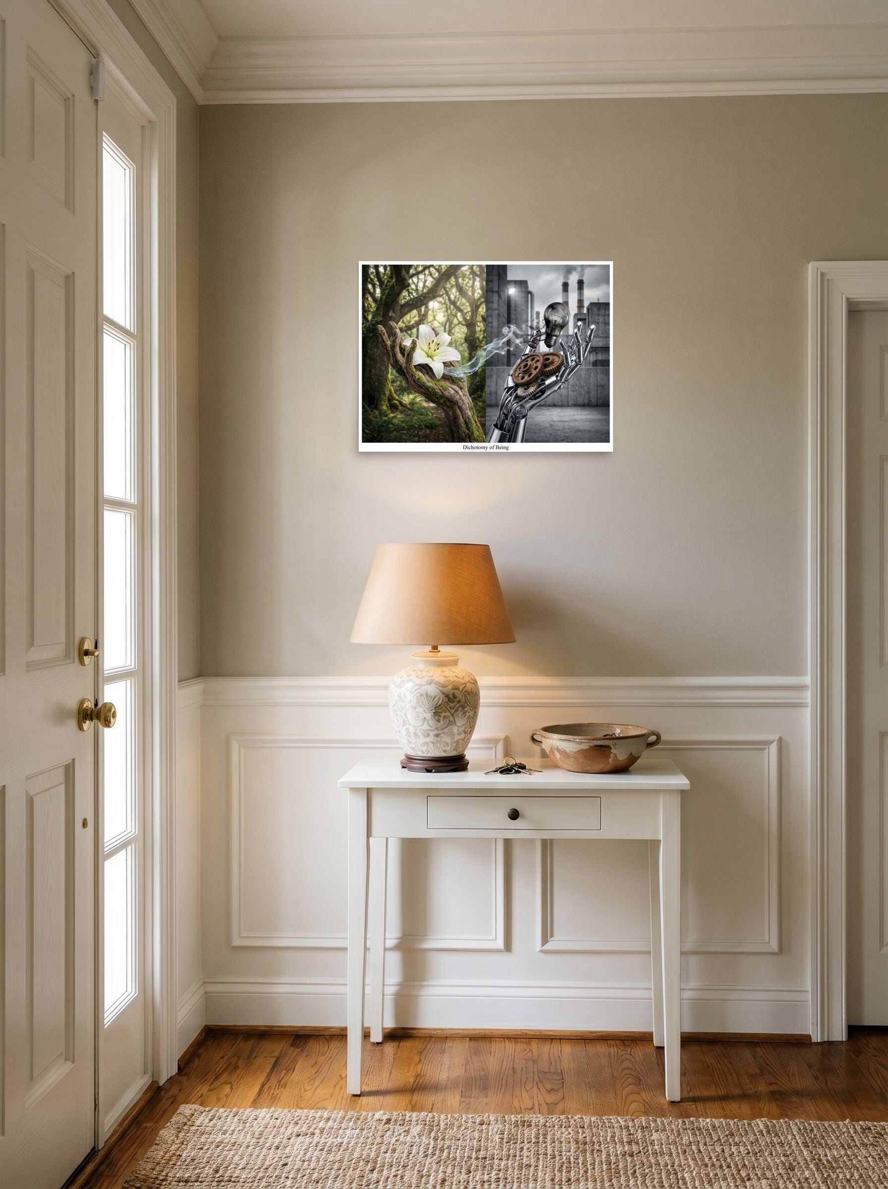 A 24x18 inch unframed paper Surrealism print of 'Dichotomy of Being' hanging in an entryway near a console.