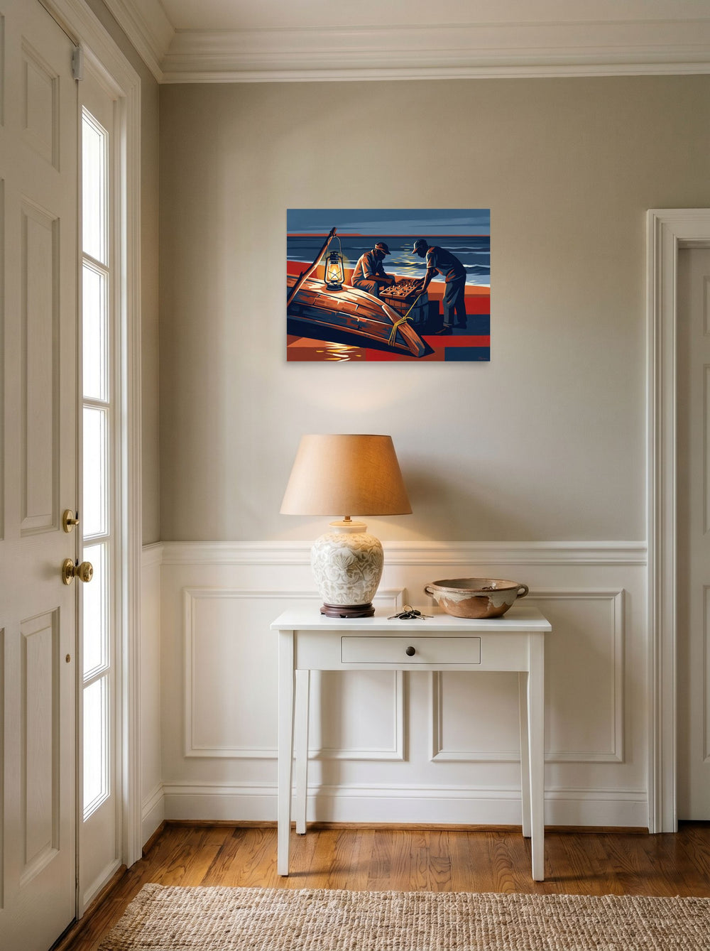 'Lanterns by the Tide' in 24x18 inch unframed paper, styled above a console table in an entryway.