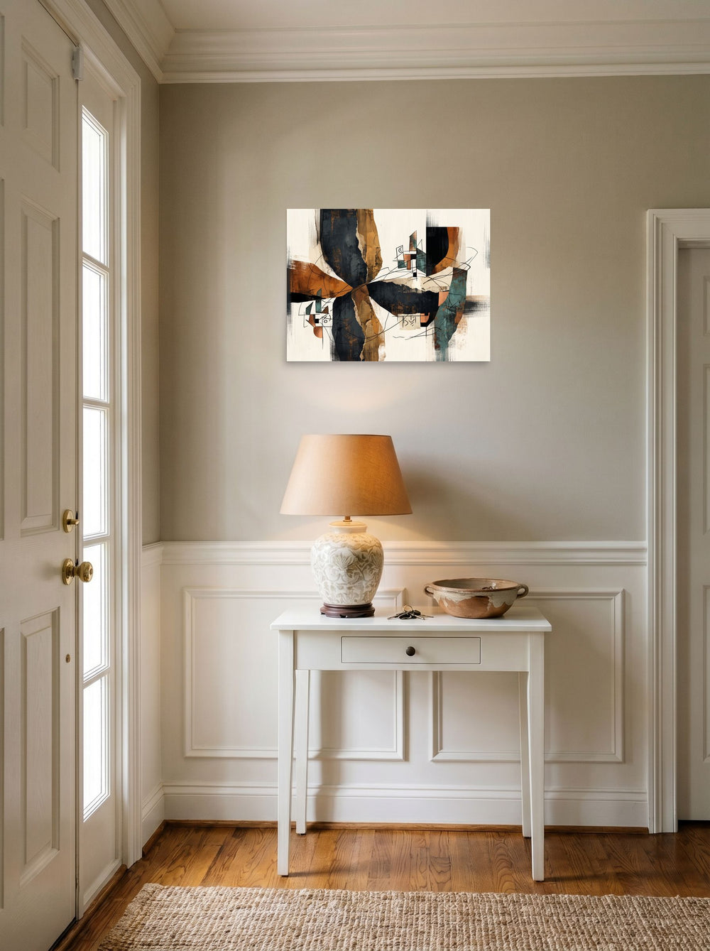 'Architectural Fragments in Ochre' as a unframed paper print, 24x18 inch, styled above a console table in an entryway.