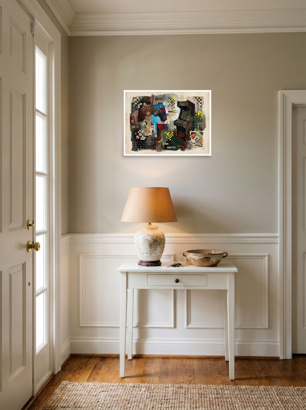 A unframed paper print of the Dau-al-Set artwork 'Arcade Relic', set against a bright entryway wall.