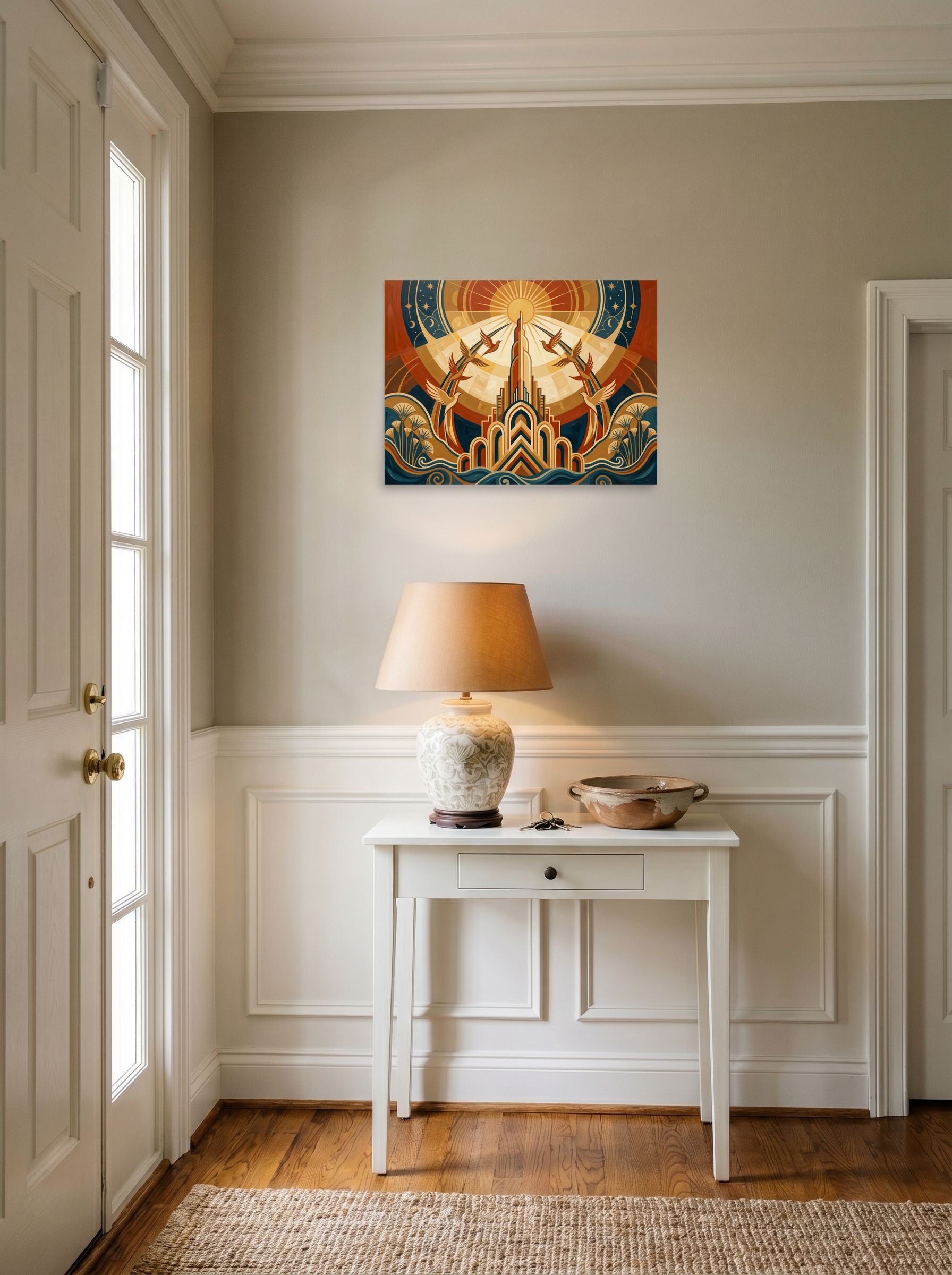 A 24x18 inch unframed paper Art Deco print of 'Deco Sunrise Flight' hanging in an entryway near a console.