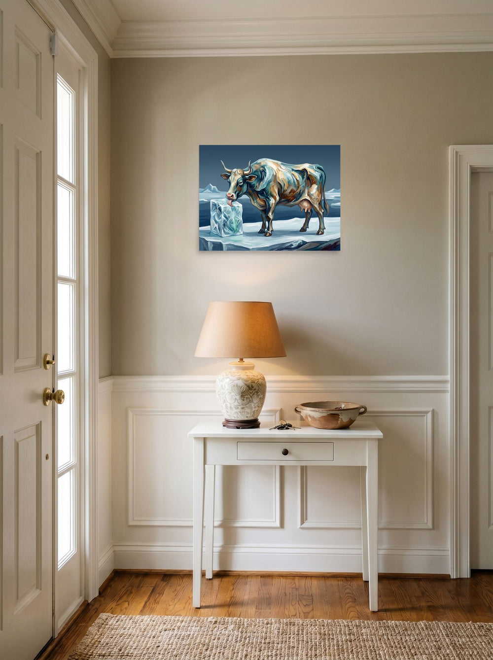 Mockup of 'Primeval Audhumla' as a 24x18 inch unframed paper print, styled above a console table in an entryway.