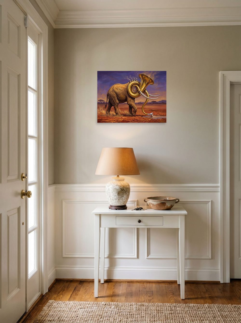 unframed paper wall art 'The Savanna Sousaphone' hanging in an entryway near a console, at 24x18 inch.