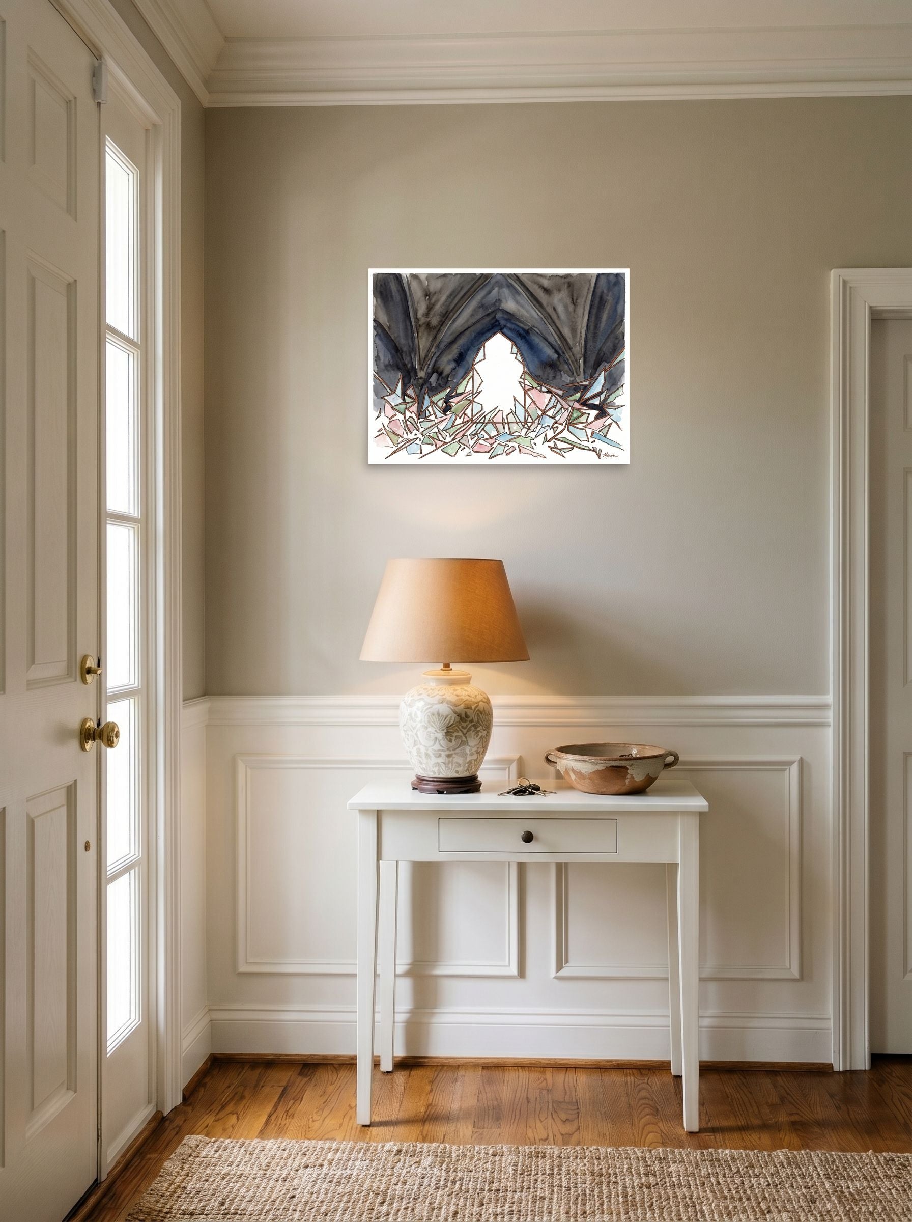 A 24x18 inch unframed paper Abstract expressionism print of 'The Shattered Window' hanging in an entryway near a console.