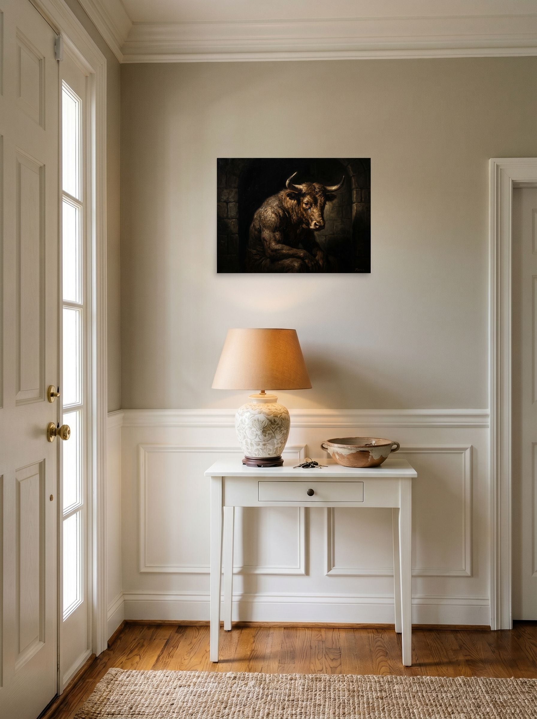 A 24x18 inch unframed paper Figurative art,Expressionism print of 'The Captive Beast' hanging in an entryway near a console.