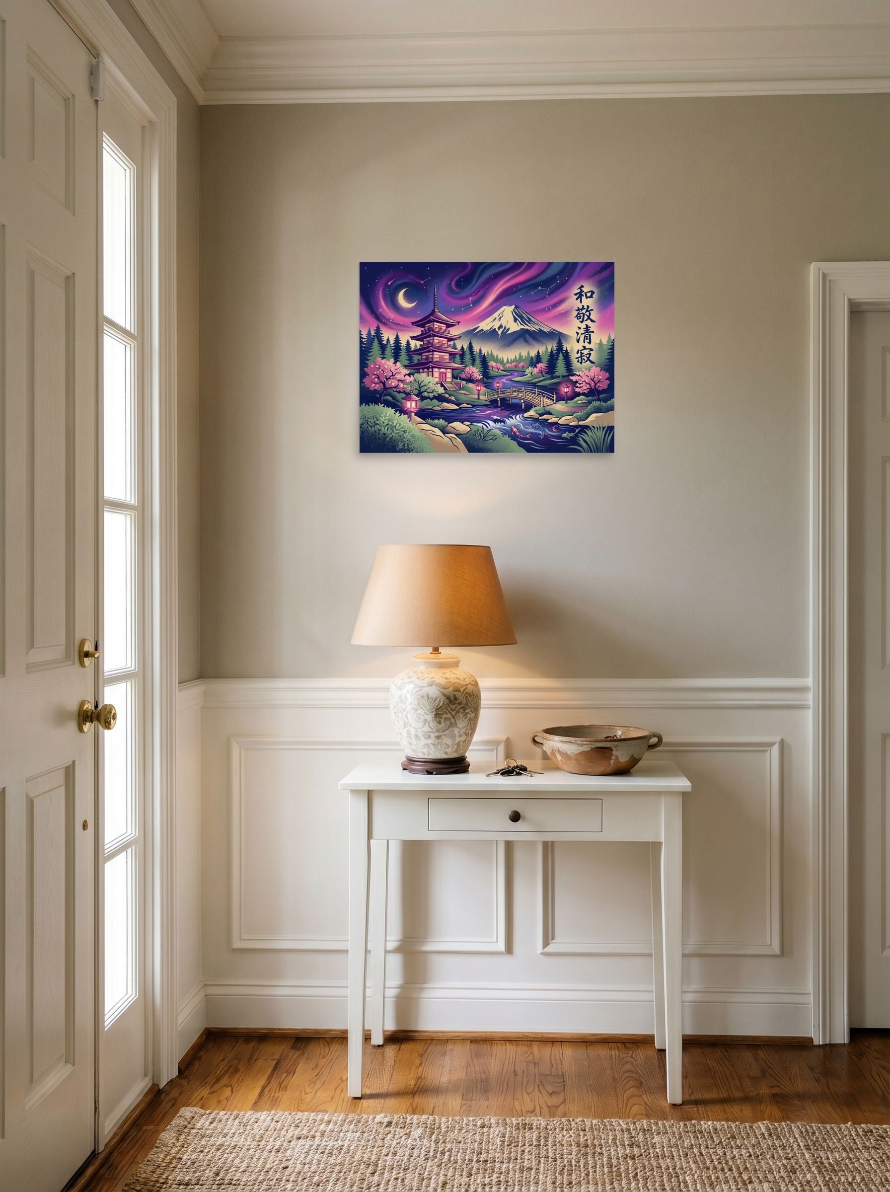 A 24x18 inch unframed paper Japanese art print of 'Aurora Over Fuji' hanging in an entryway near a console.