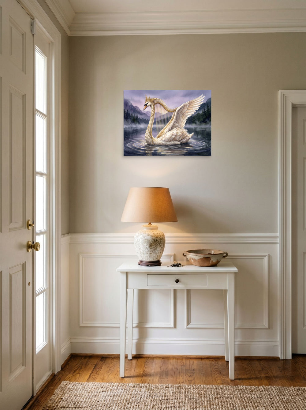 A unframed paper print of the Romanticism artwork 'The Swan's Serenade', hanging in an entryway near a console.