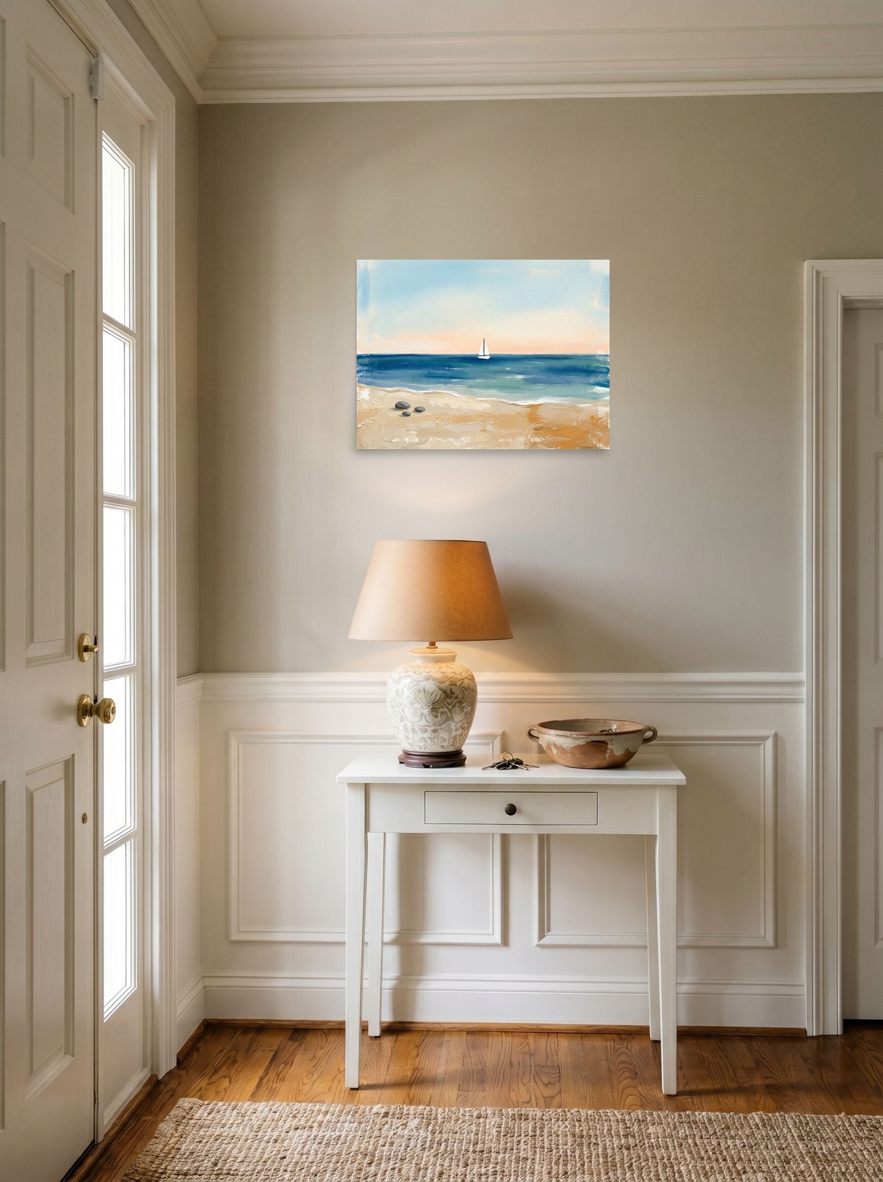 A 24x18 inch unframed paper Impressionism,Minimalism print of 'Distant Sails' hanging in an entryway near a console.