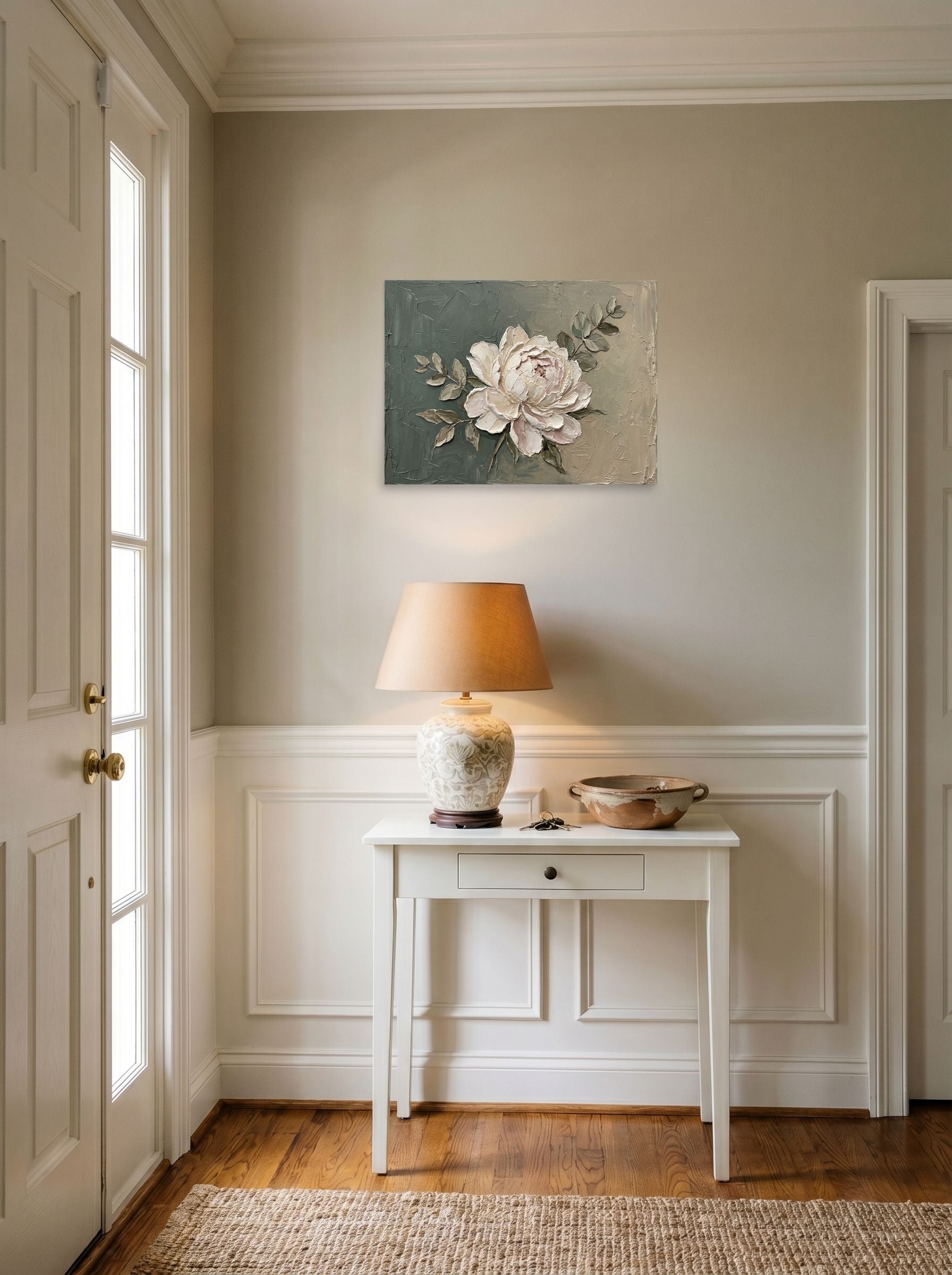 A 24x18 inch unframed paper Impressionism print of 'Textured White Peony' hanging in an entryway near a console.