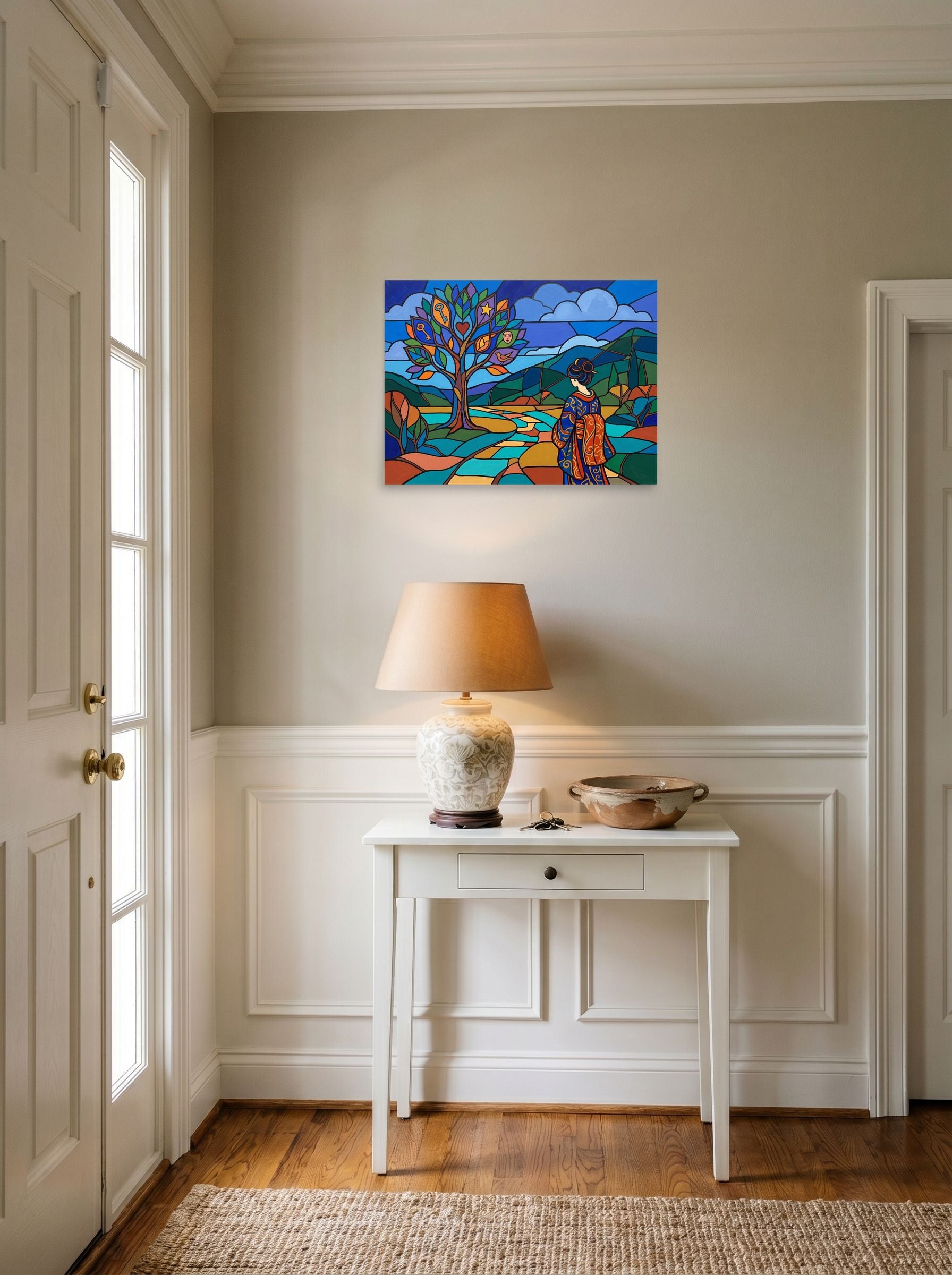 A 24x18 inch unframed paper Cloisonnism,Post-Impressionism print of 'Kimono in the Valley' hanging in an entryway near a console.