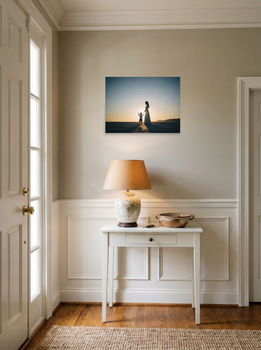 A 24x18 inch unframed paper Art photography print of 'Sunset Bond' hanging in an entryway near a console.