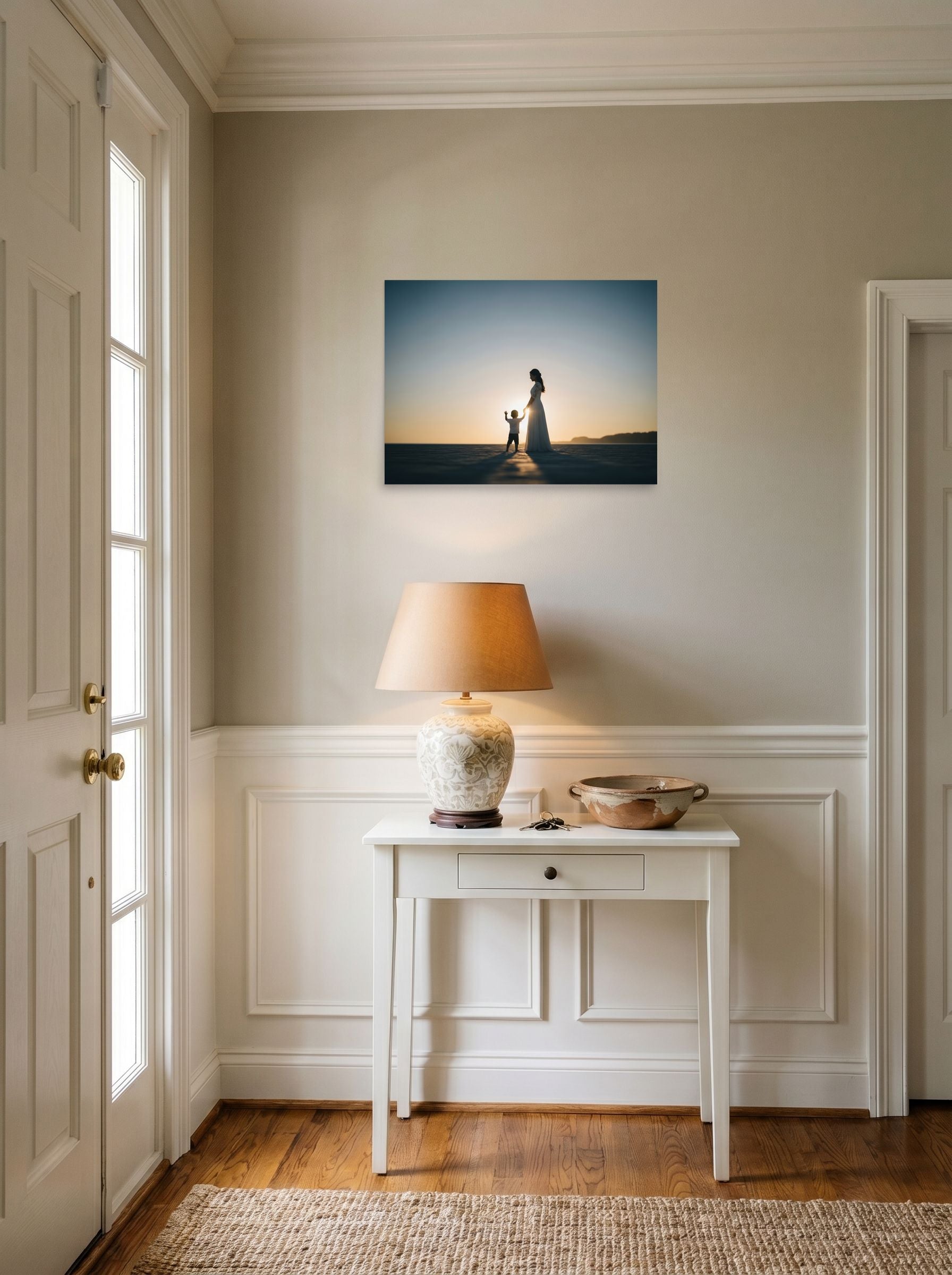 A 24x18 inch unframed paper Art photography print of 'Sunset Bond' hanging in an entryway near a console.