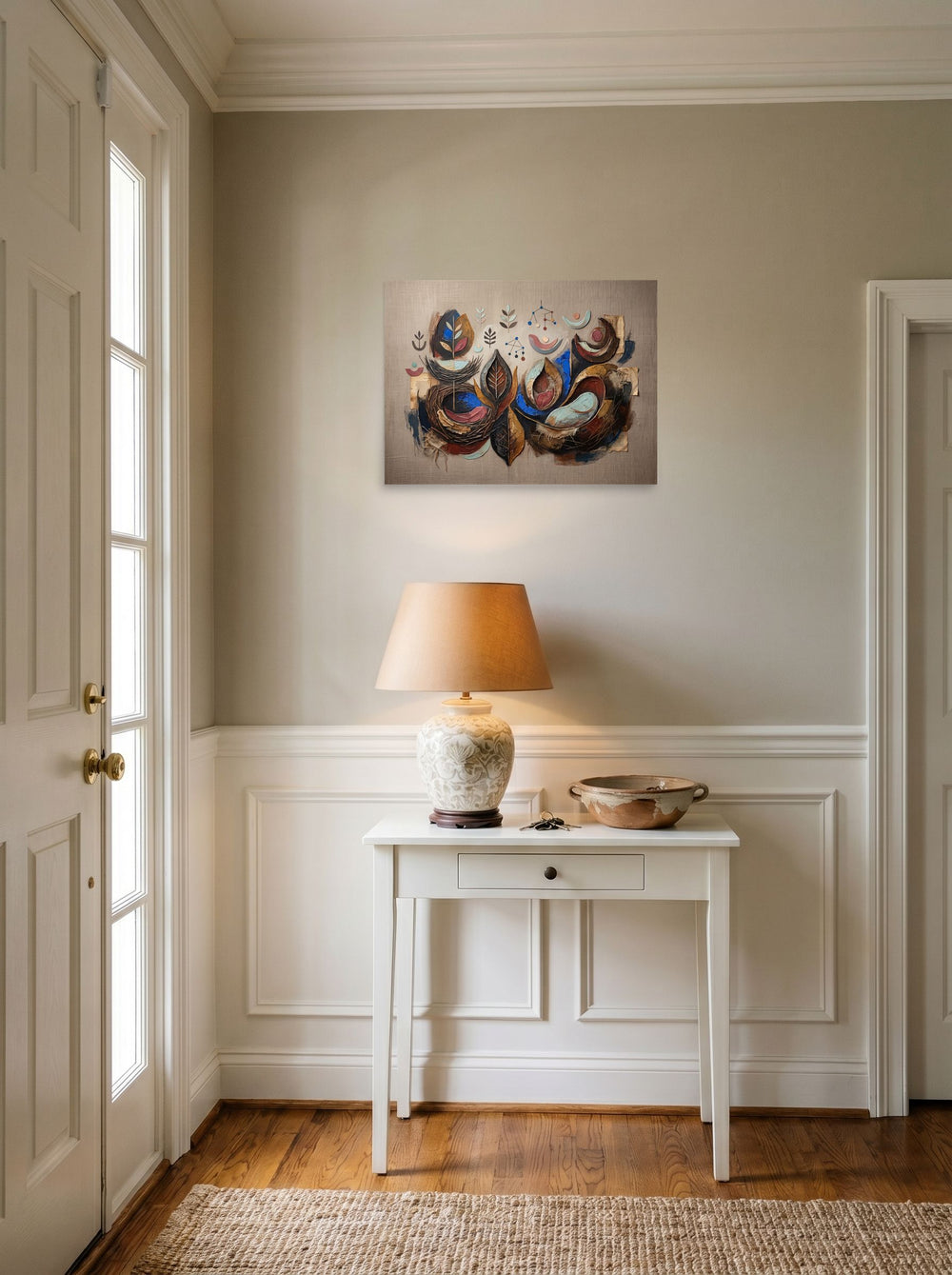 A 24x18 inch unframed paper version of 'Organic Cadence and Leaf', Abstract art wall art, set against a bright entryway wall.