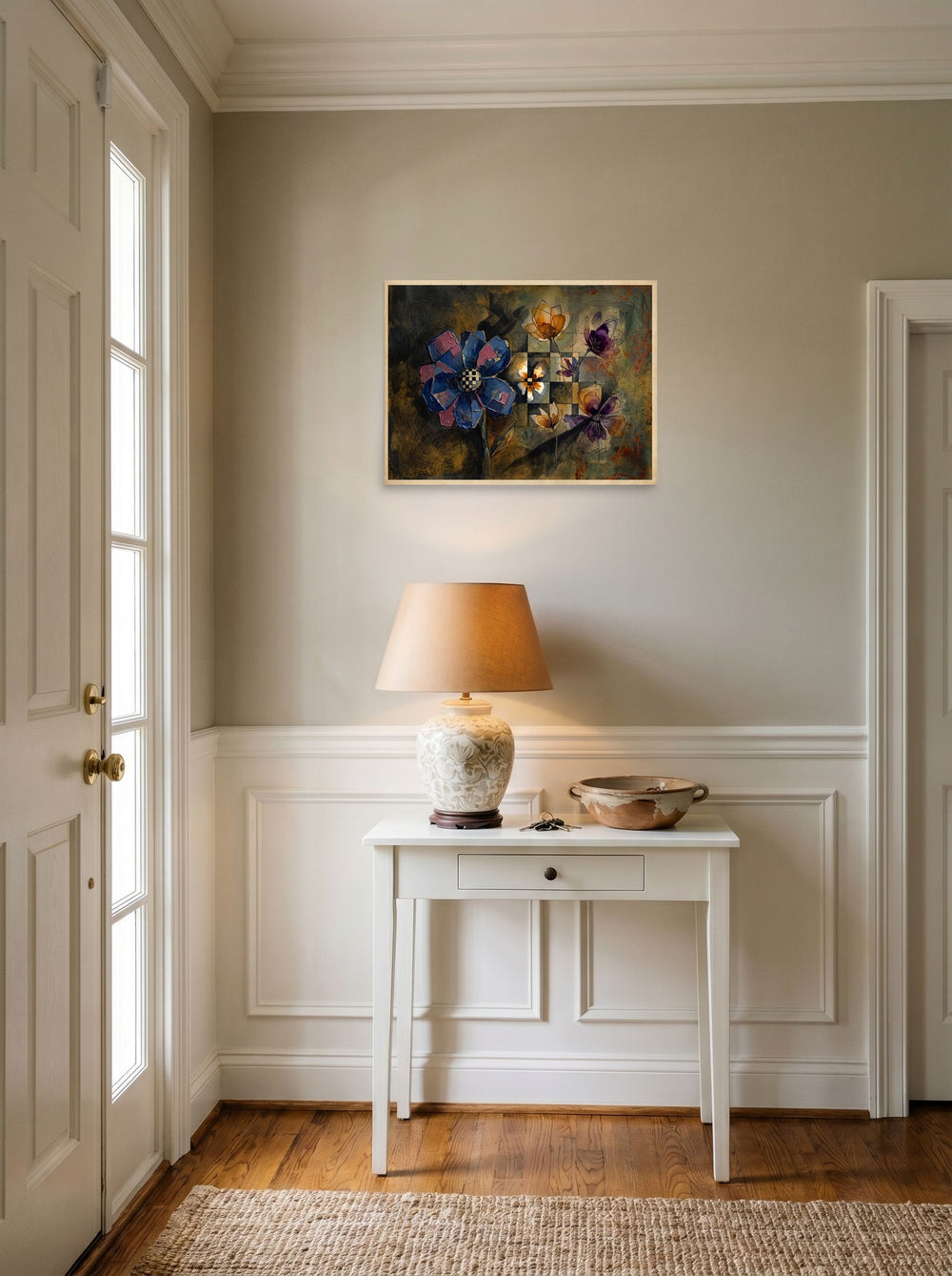 Dau-al-Set wall art 'Checkered Flora', unframed paper at 24x18 inch, hanging in an entryway near a console.