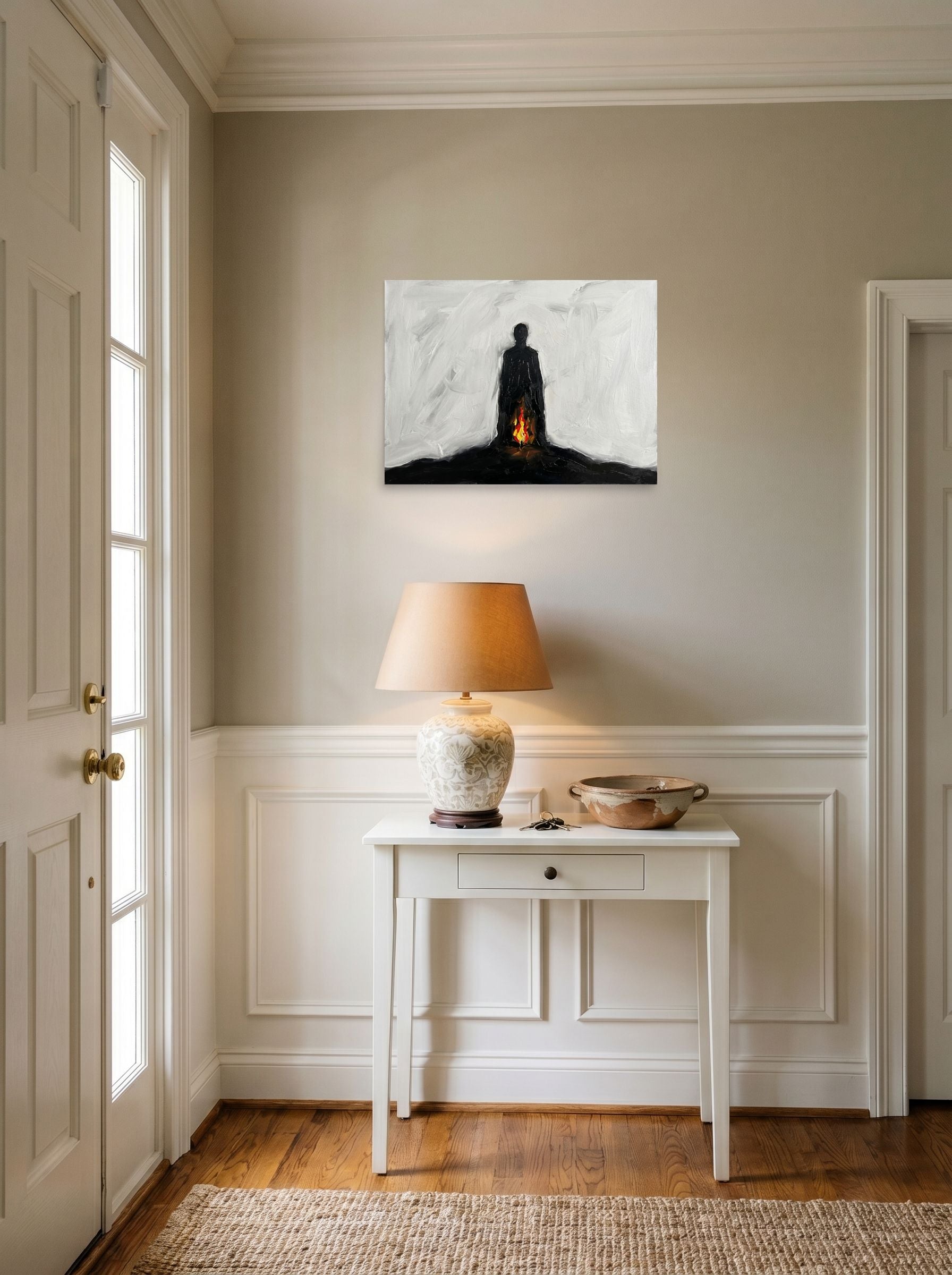 A 24x18 inch unframed paper Minimalism,Expressionism print of 'Inner Flame' hanging in an entryway near a console.