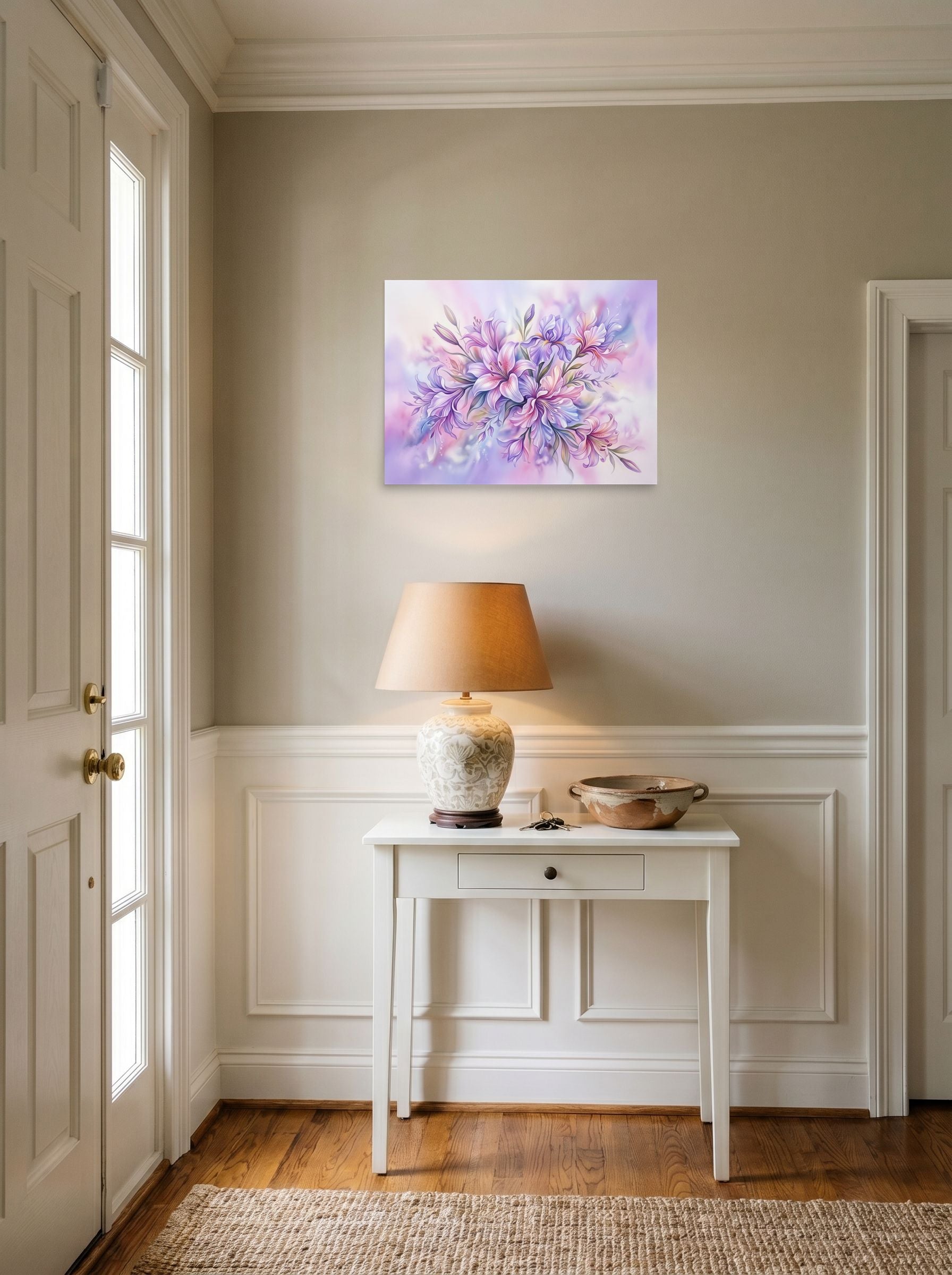 A 24x18 inch unframed paper Impressionism print of 'Pastel Petals' hanging in an entryway near a console.