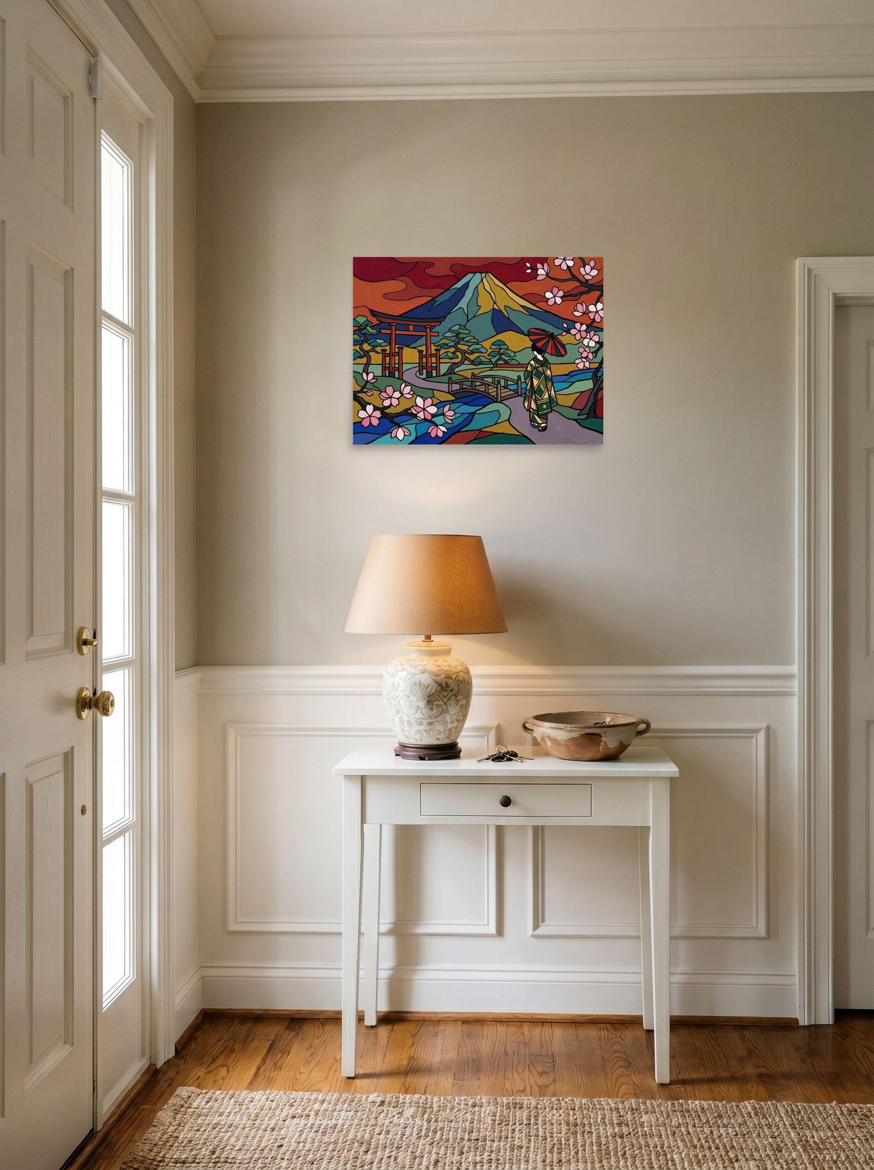 A 24x18 inch unframed paper Cloisonnism print of 'Spring at Mount Fuji' hanging in an entryway near a console.