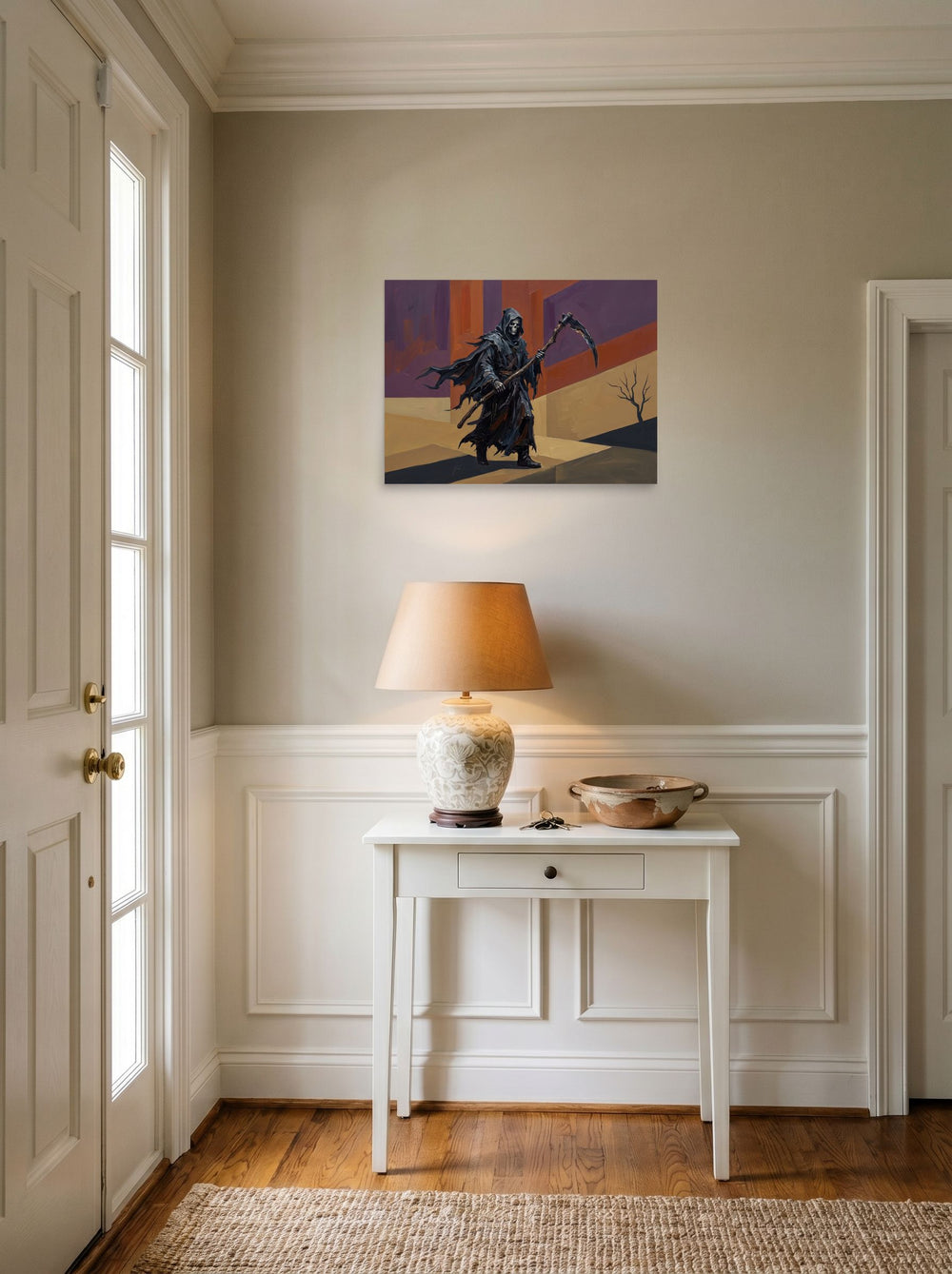 A unframed paper print of the Expressionism artwork 'Passage of the Reaper', hanging in an entryway near a console.