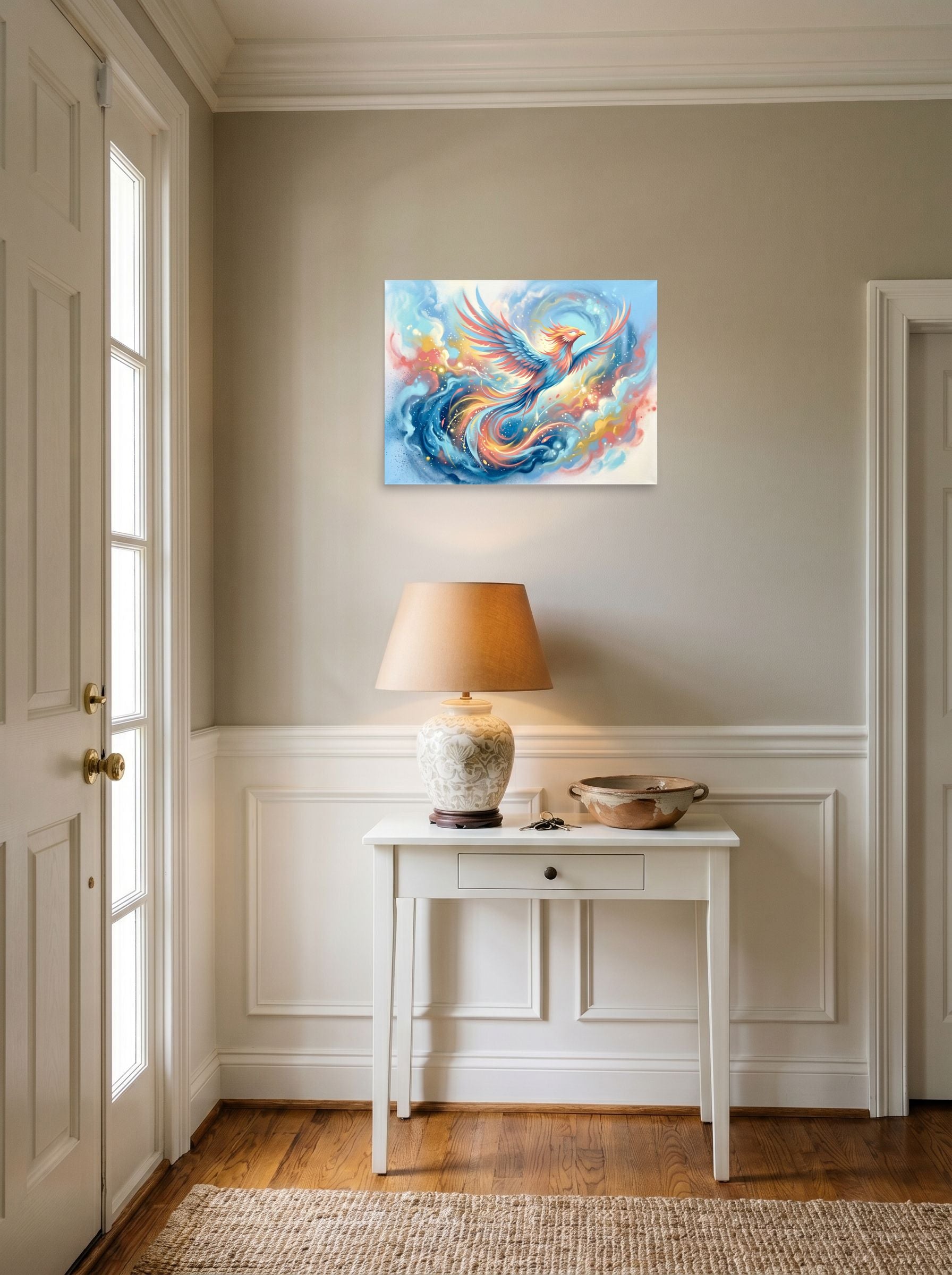 A 24x18 inch unframed paper Surrealism print of 'Phoenix Rising' hanging in an entryway near a console.