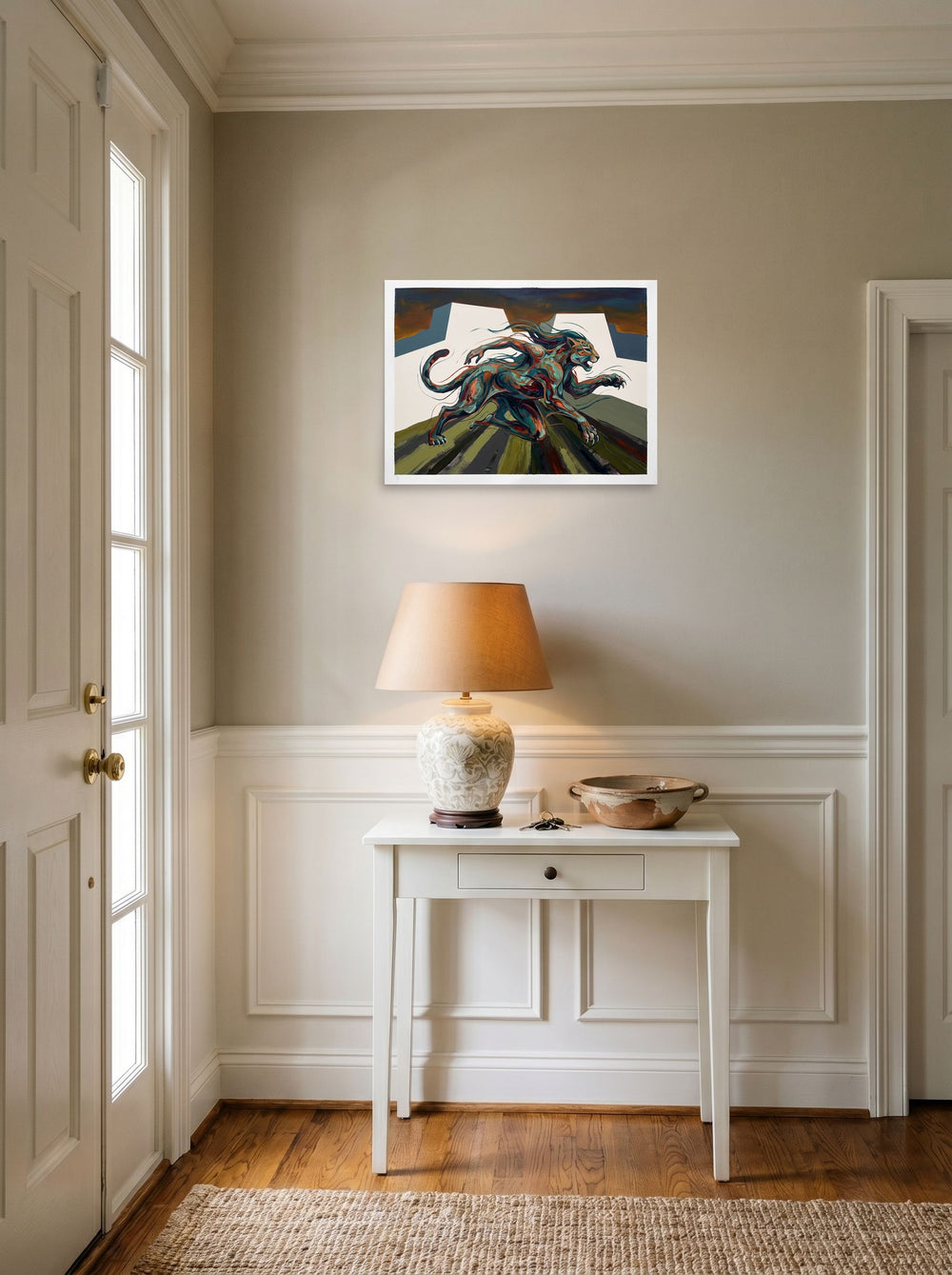 Expressionism wall art 'Jaguar Spirit Bounds', unframed paper at 24x18 inch, styled above a console table in an entryway.