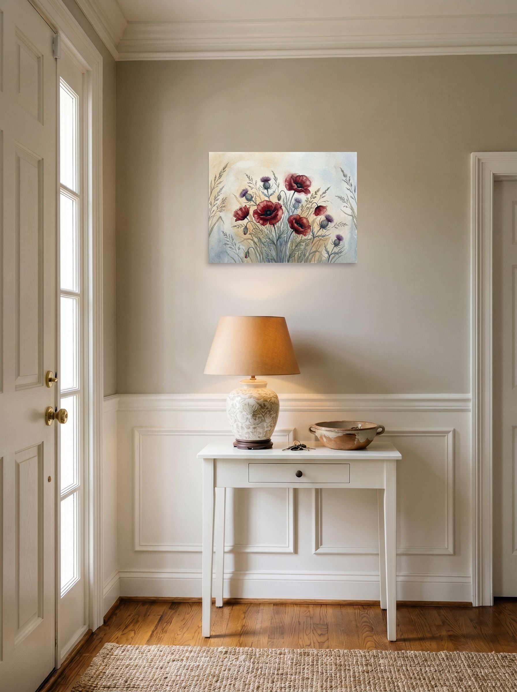 A 24x18 inch unframed paper Realism print of 'Wildflower Medley' hanging in an entryway near a console.