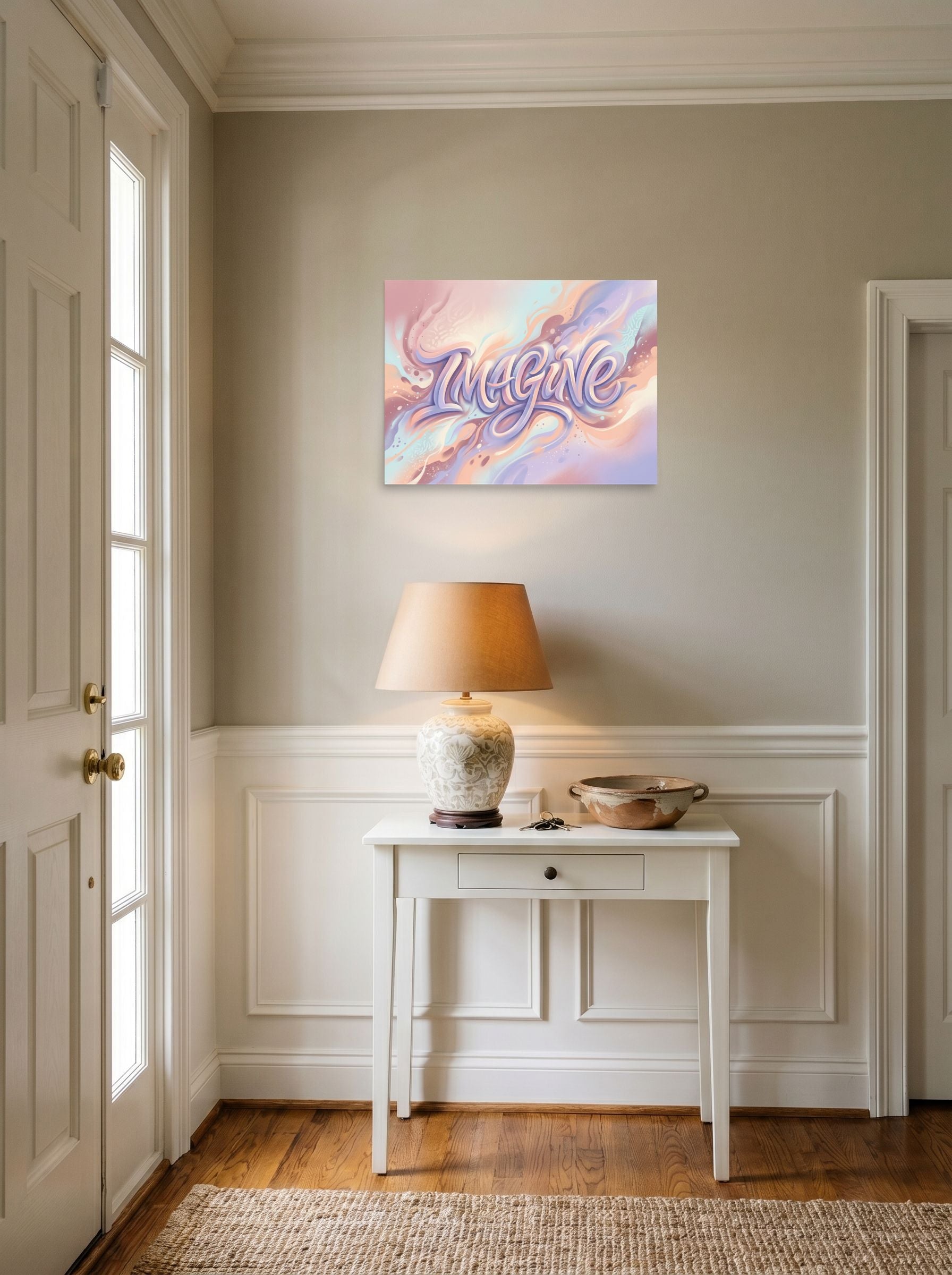 A 24x18 inch unframed paper Pop art,Abstract art print of 'Dreamer's Imagine' hanging in an entryway near a console.