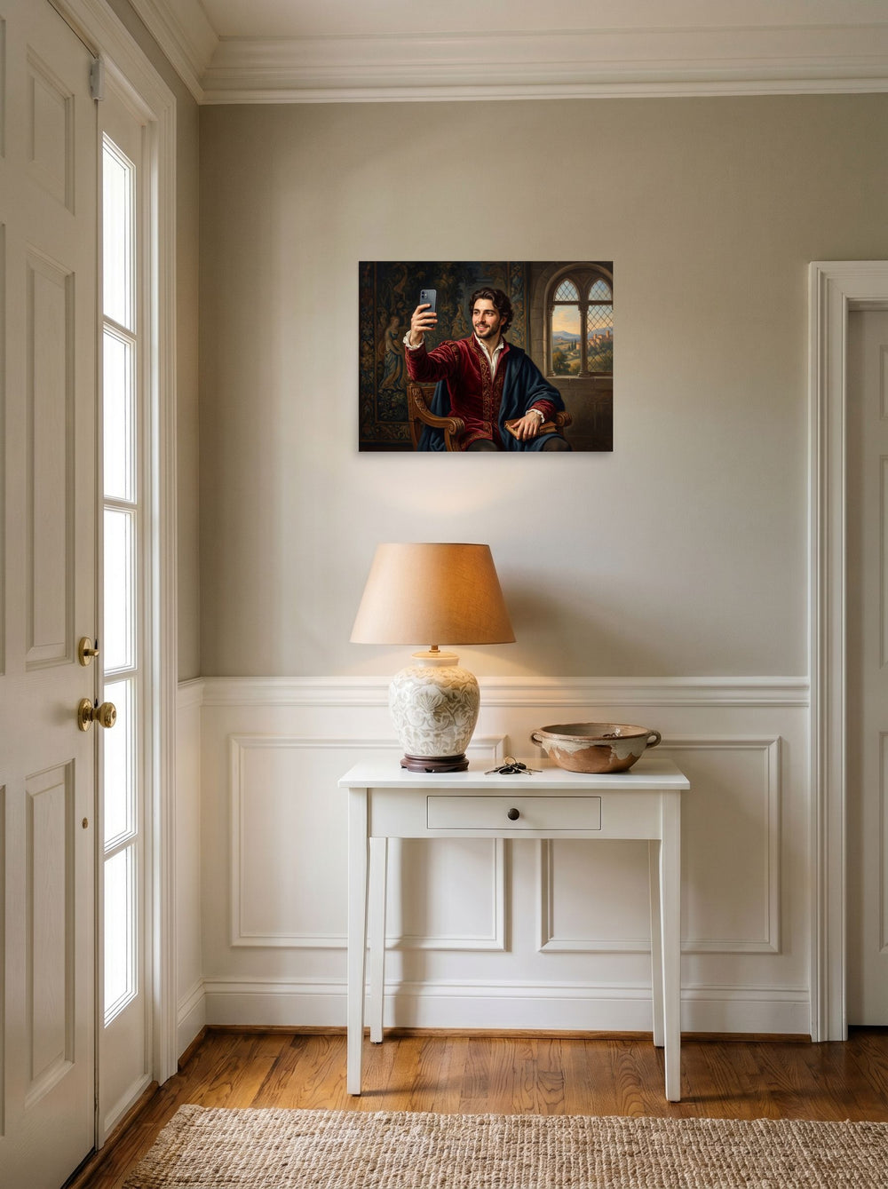 The unframed paper print 'The Courtly Selfie' set against a bright entryway wall, shown at 24x18 inch.