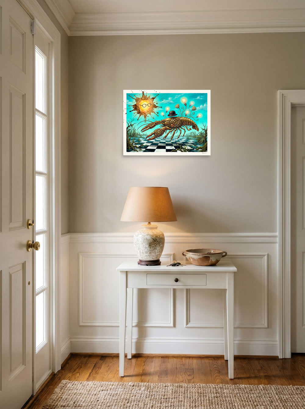 unframed paper wall art 'The Clockwork Lobster' hanging in an entryway near a console, at 24x18 inch.
