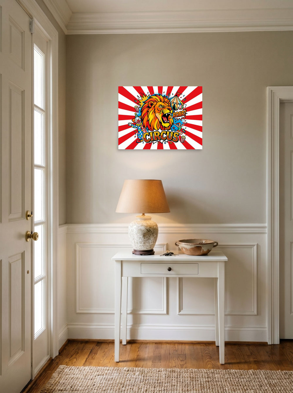 A 24x18 inch unframed paper Pop art print of 'Roar of the Circus' hanging in an entryway near a console.