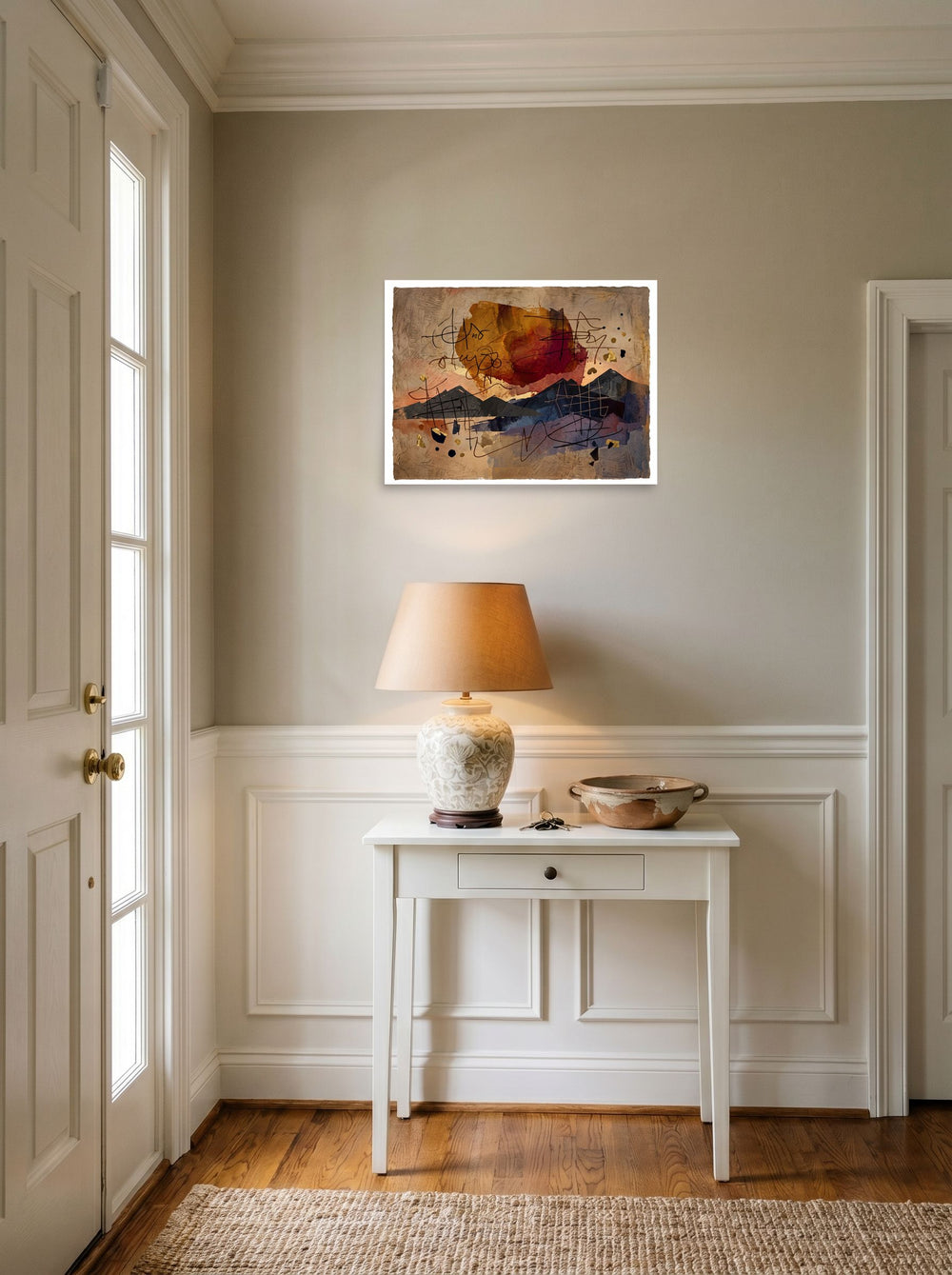 'Calligraphic Horizon' set against a bright entryway wall. A 24x18 inch unframed paper Dau-al-Set print.