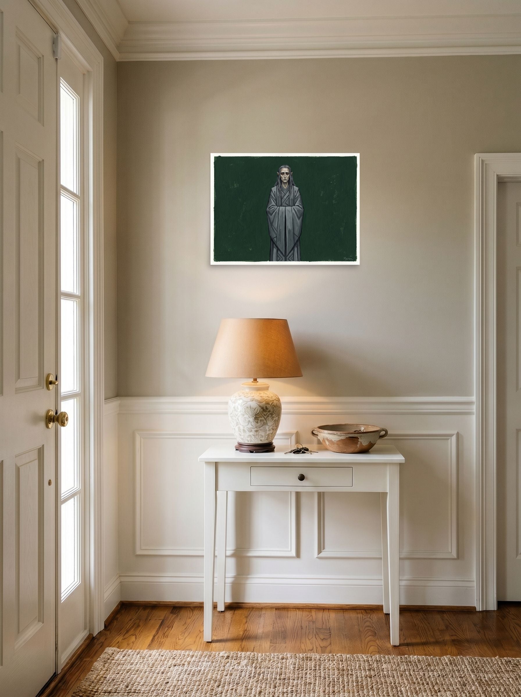 A 24x18 inch unframed paper Figurative art,Surrealism print of 'The Somber Elf' hanging in an entryway near a console.