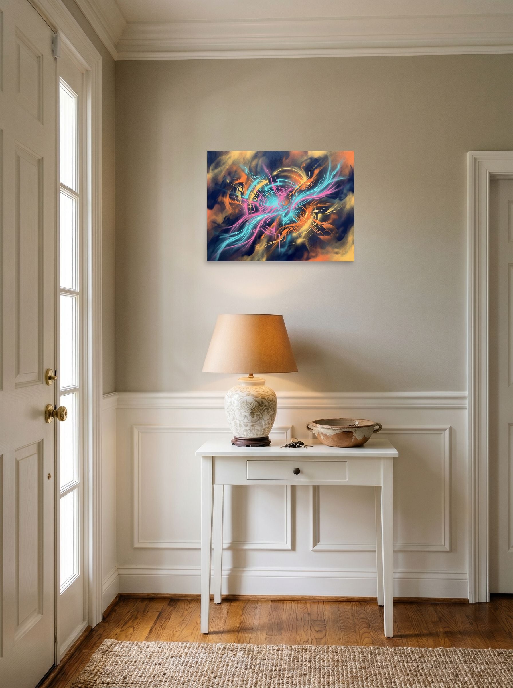 A 24x18 inch unframed paper Abstract art,Pop art print of 'Neon Core' hanging in an entryway near a console.