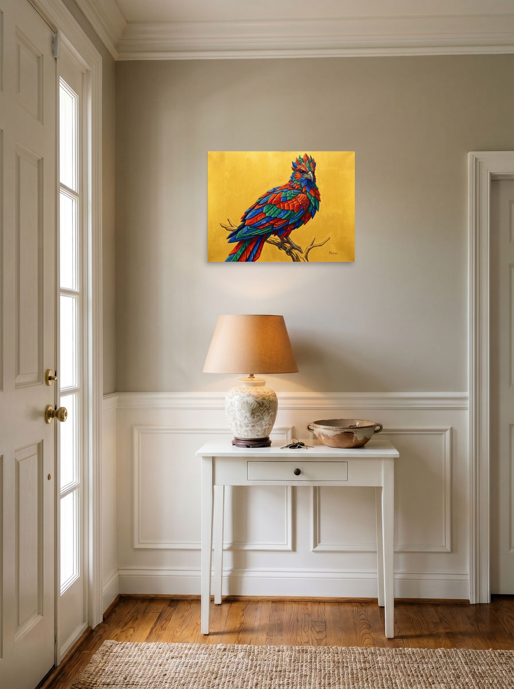 A 24x18 inch unframed paper Geometric abstract art,Surrealism print of 'The Gemstone Falcon' hanging in an entryway near a console.