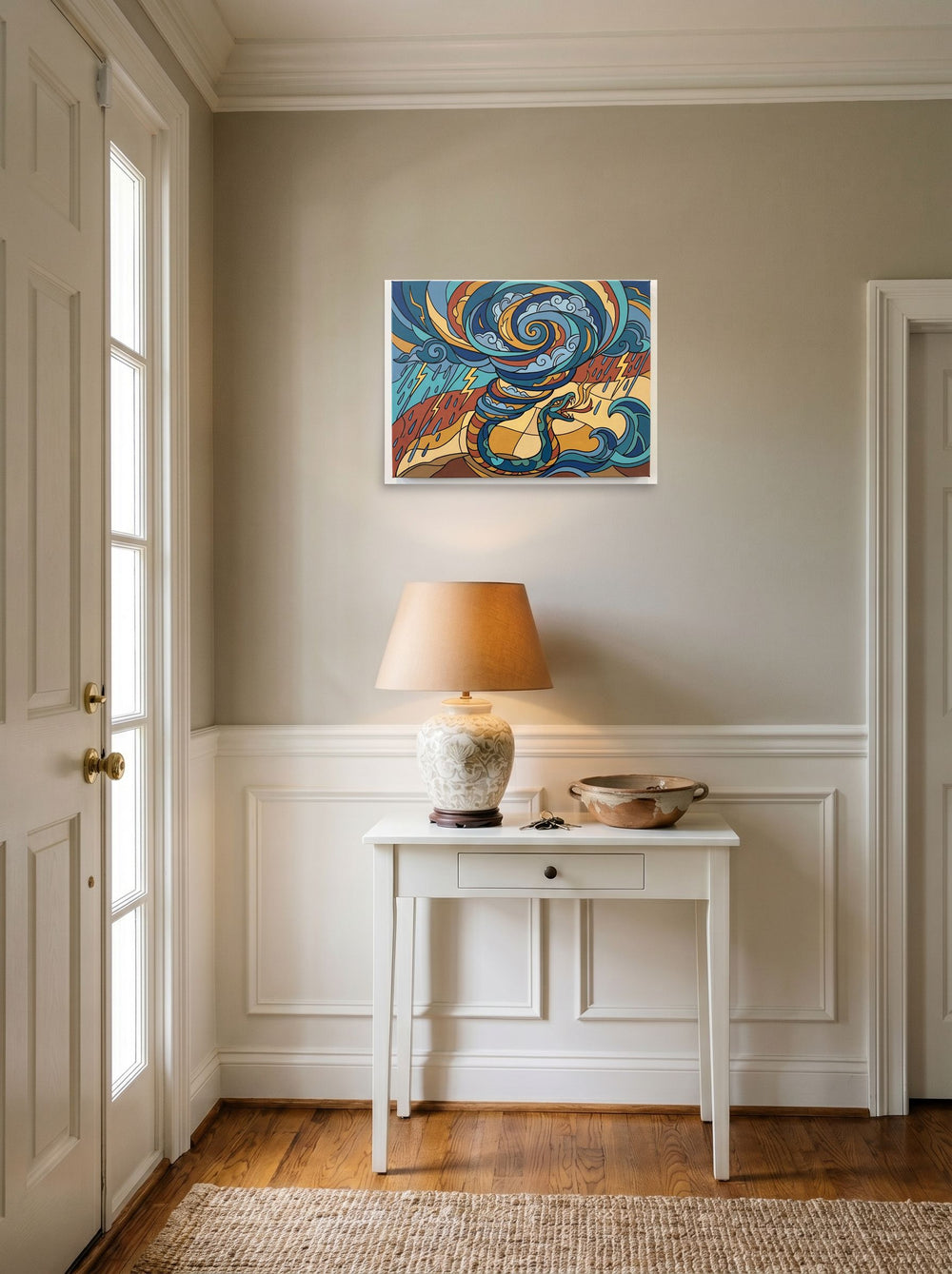 The Art Nouveau print 'Quetzalcoatl's Tempest', 24x18 inch unframed paper, set against a bright entryway wall.