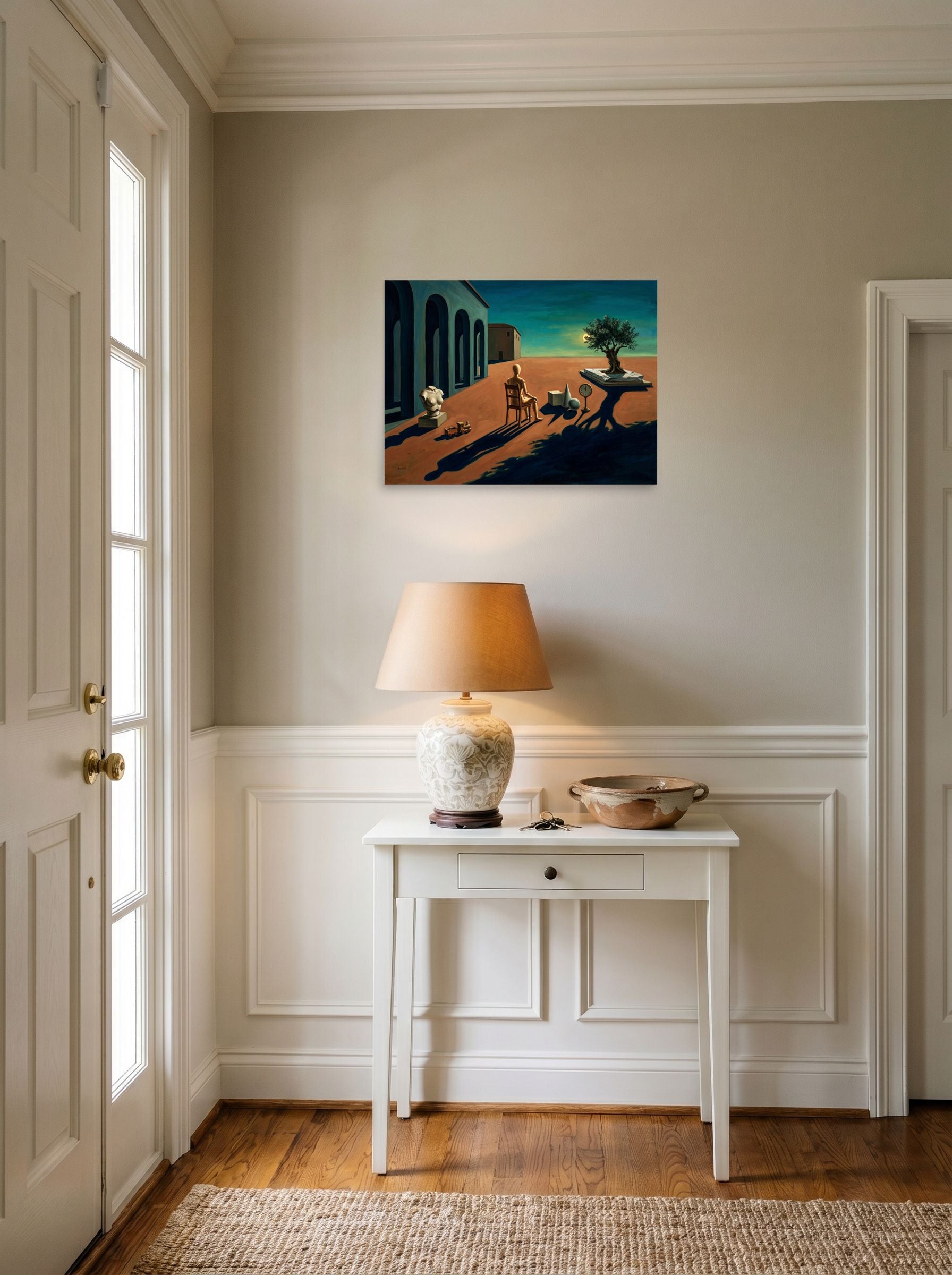 A 24x18 inch unframed paper Metaphysical painting print of 'The Silent Observer's Horizon' hanging in an entryway near a console.