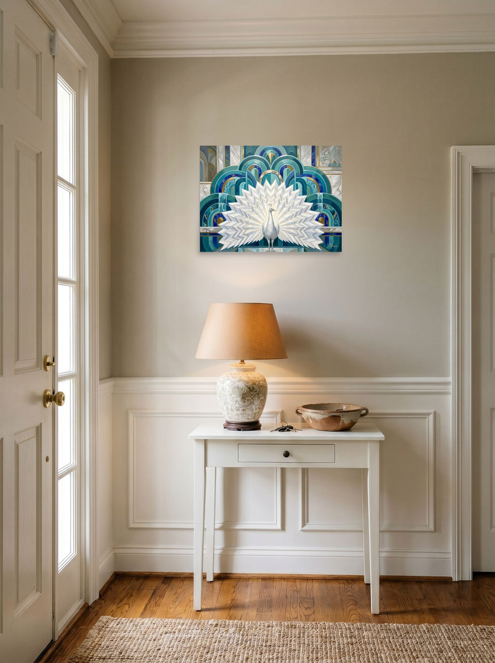 A 24x18 inch unframed paper Art Deco print of 'The Gilded Peacock' hanging in an entryway near a console.
