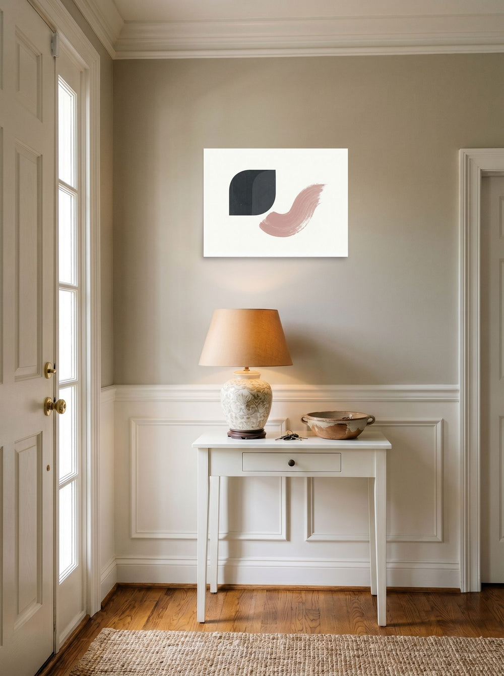 A 24x18 inch unframed paper Minimalism,Geometric abstract art print of 'Geometric Blush' hanging in an entryway near a console.