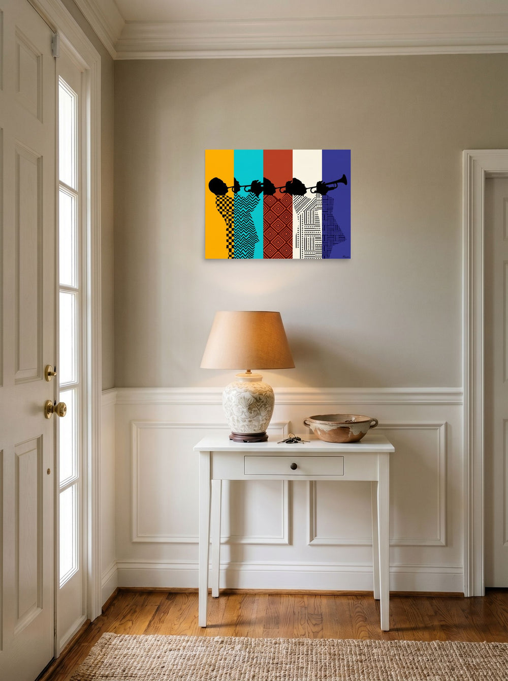 A 24x18 inch unframed paper Harlem Renaissance,Pop art print of 'Polyphonic Rhythm' hanging in an entryway near a console.