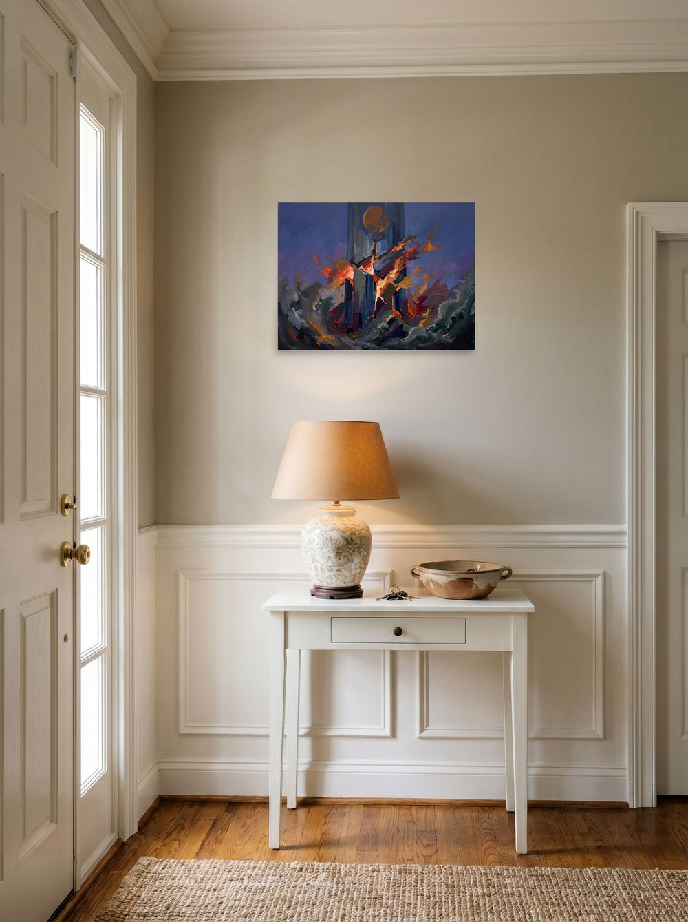 unframed paper wall art 'The Falling Tower' styled above a console table in an entryway, at 24x18 inch.