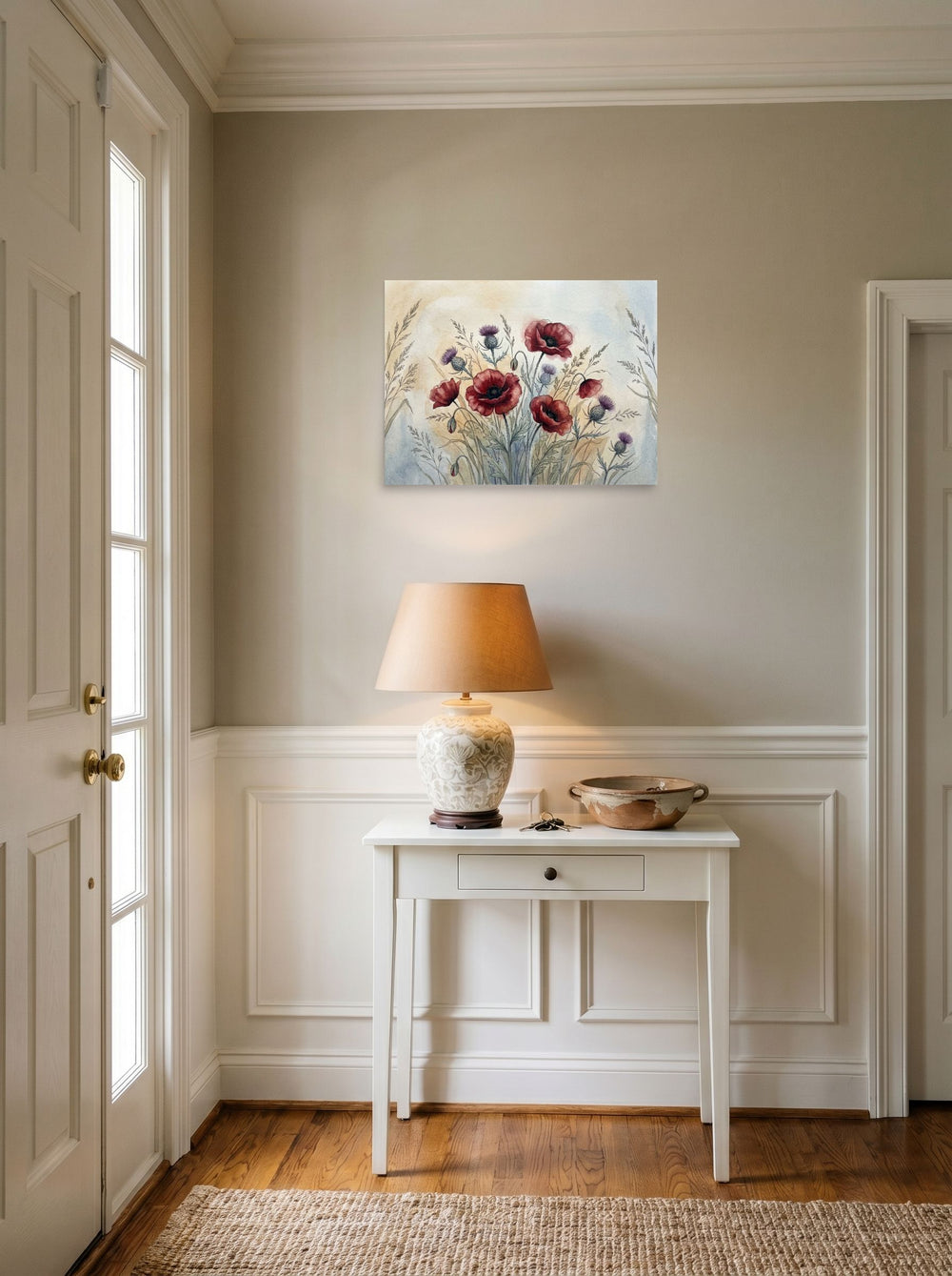 A 24x18 inch unframed paper Realism print of 'Wildflower Medley' hanging in an entryway near a console.
