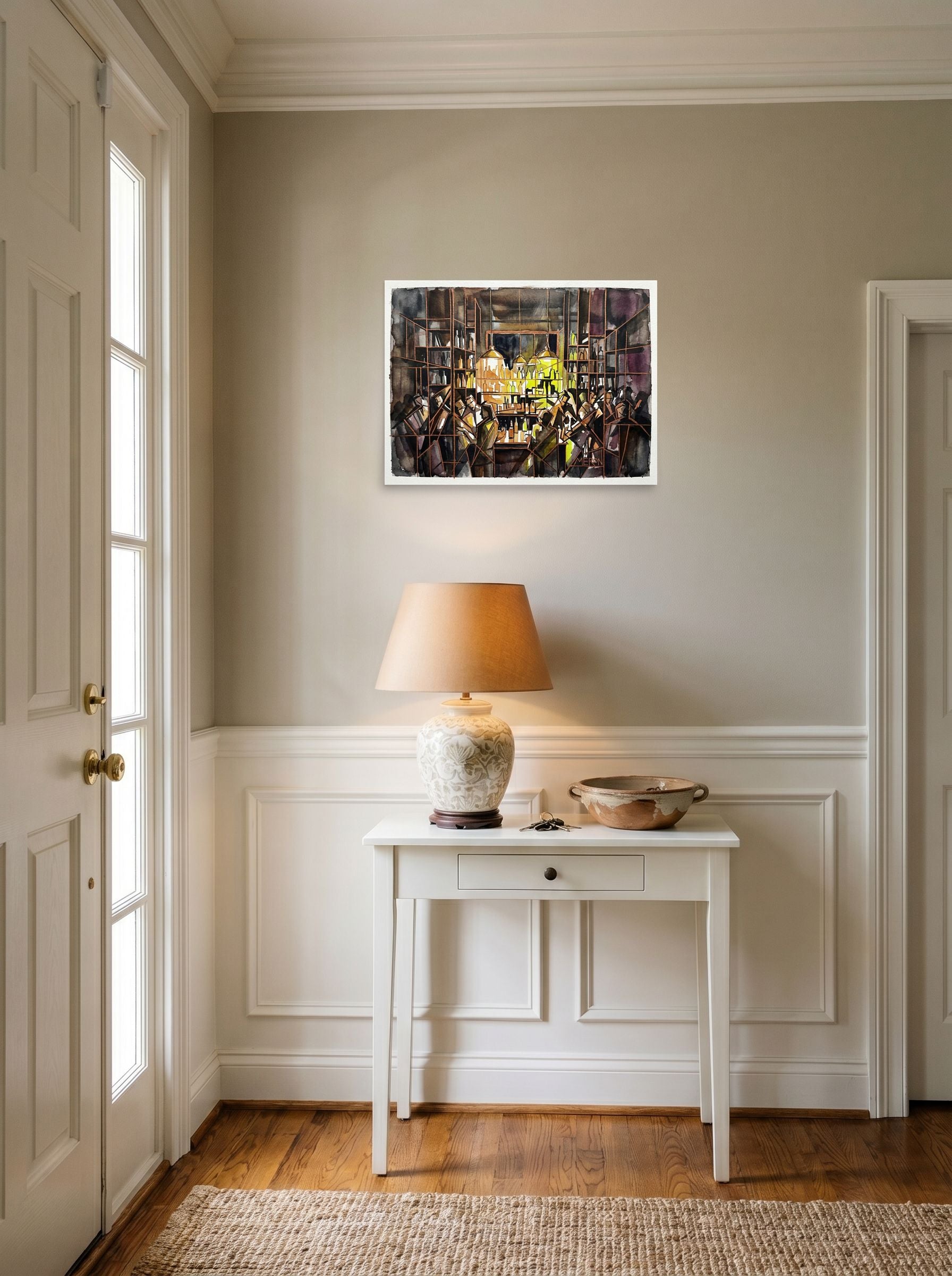 A 24x18 inch unframed paper Cubism print of 'The Bar at Midnight' hanging in an entryway near a console.