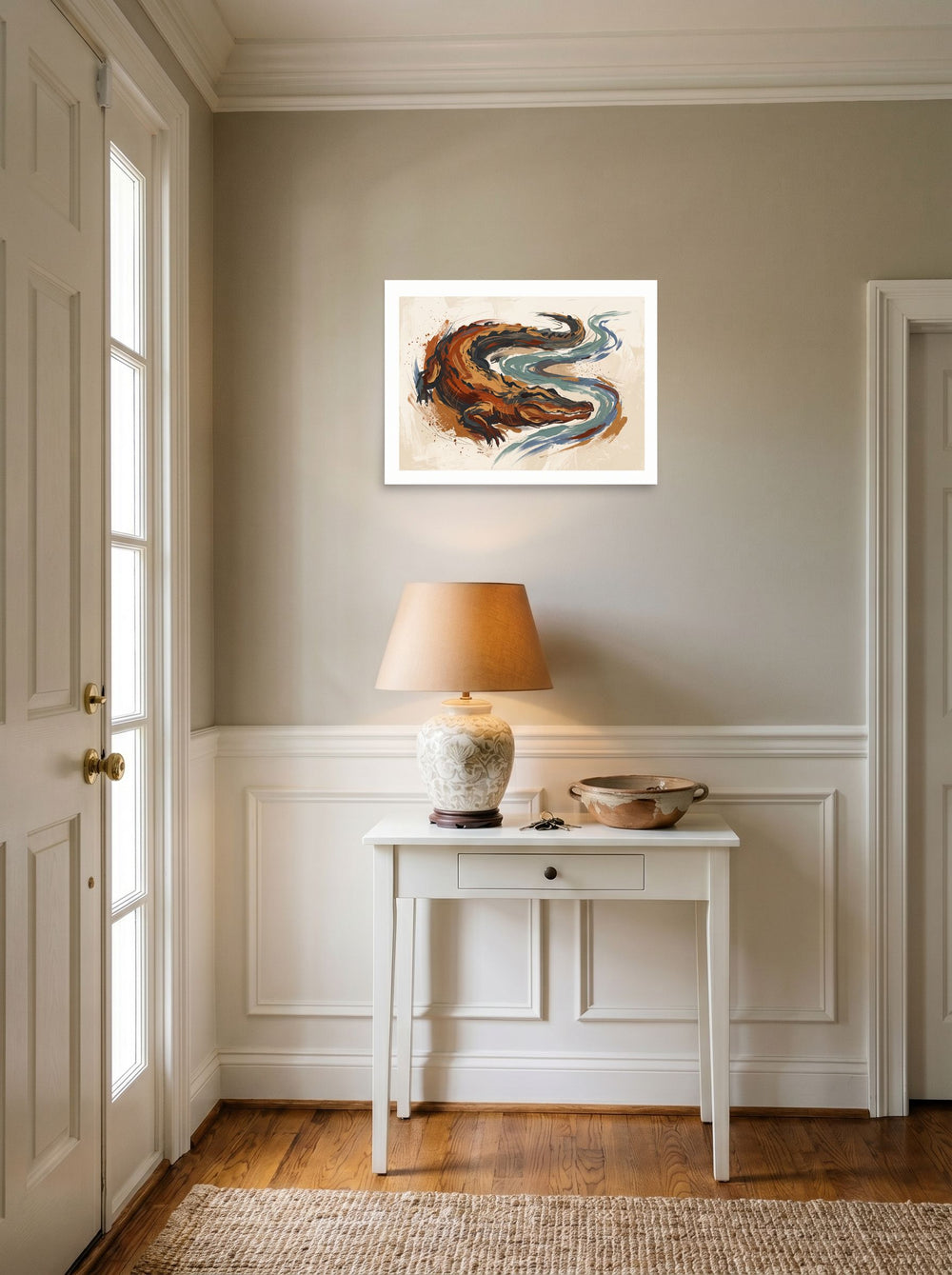 Expressionism wall art 'The Primal Current', unframed paper at 24x18 inch, styled above a console table in an entryway.