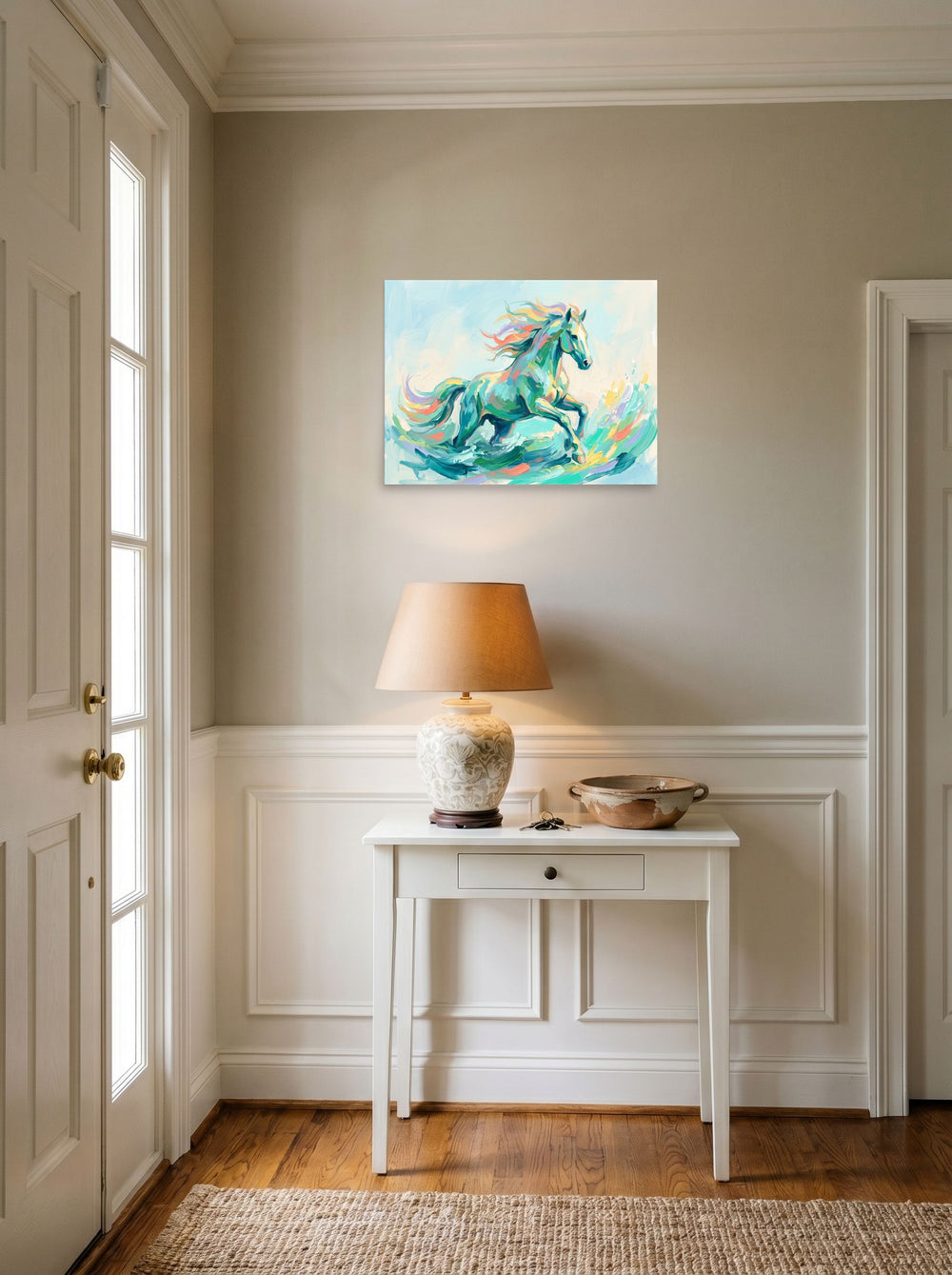 'Wave Runner' set against a bright entryway wall. A 24x18 inch unframed paper Impressionism print.