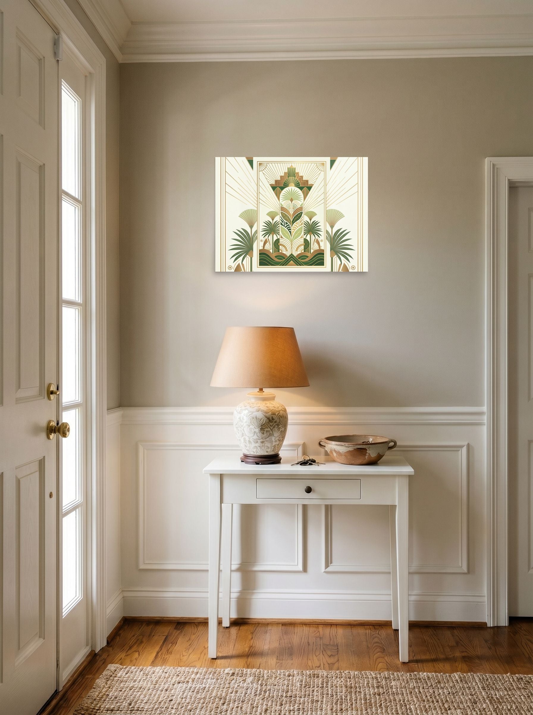 A 24x18 inch unframed paper Art Deco print of 'Golden Palm Deco' hanging in an entryway near a console.