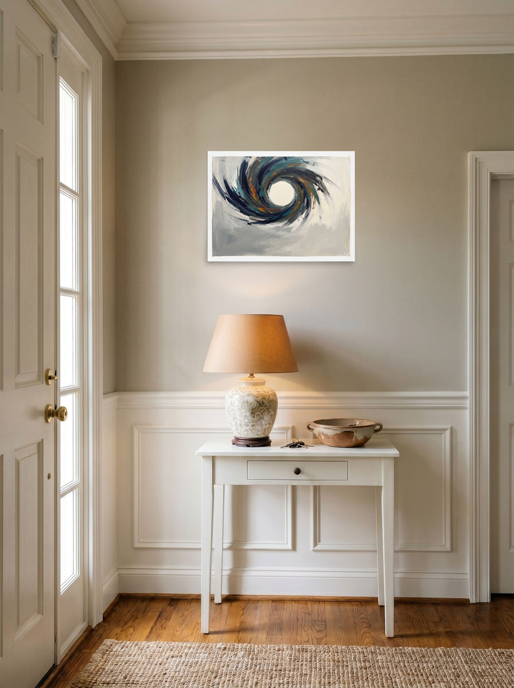 'The Primordial Void' as a unframed paper print, 24x18 inch, hanging in an entryway near a console.