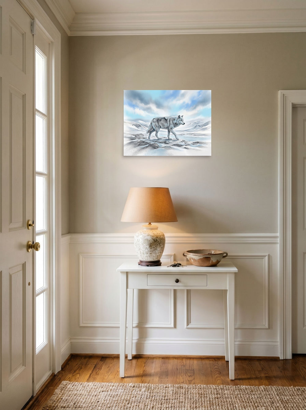 A 24x18 inch unframed paper Realism print of 'Solitary Frost' hanging in an entryway near a console.