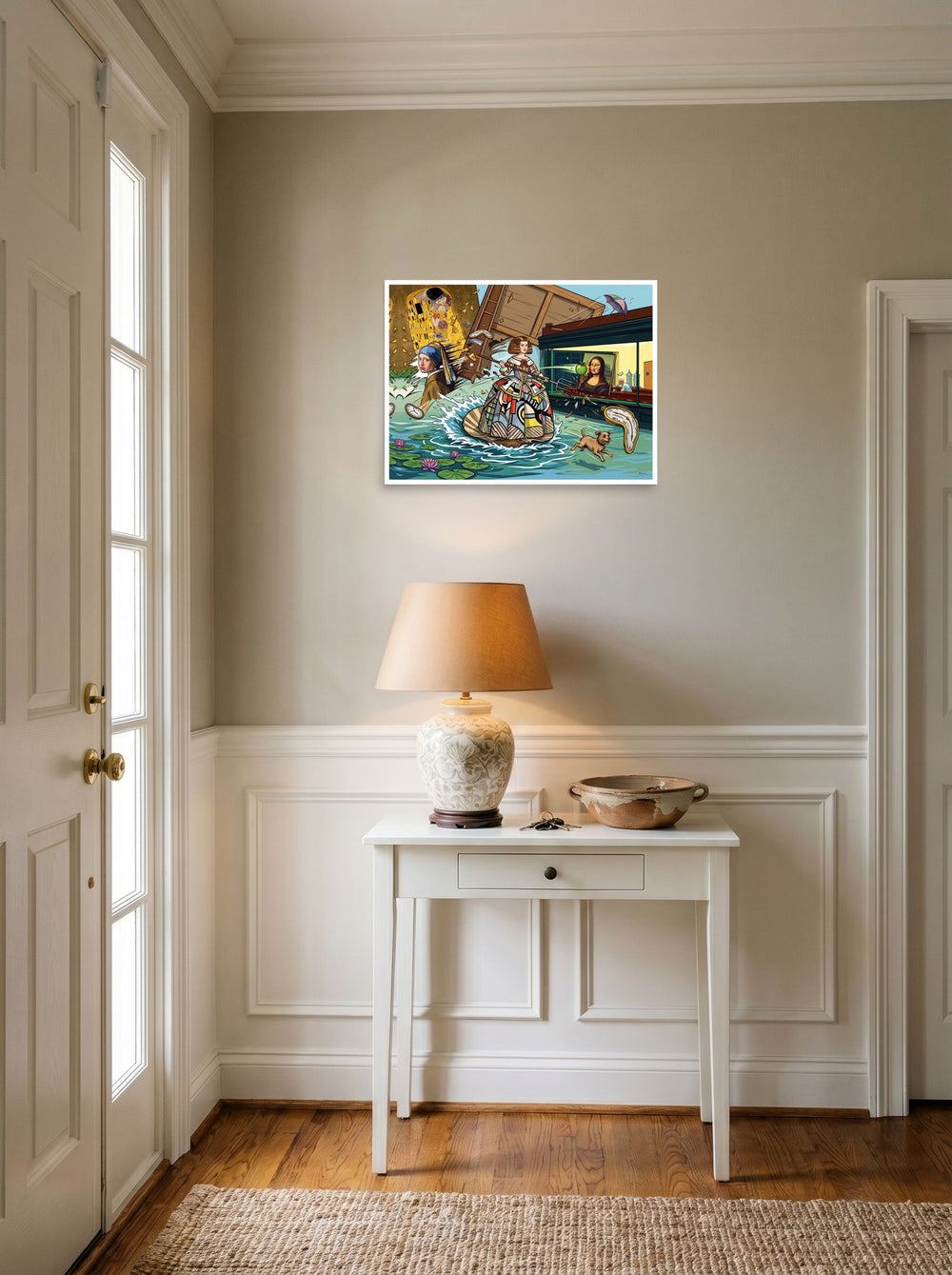 'Art History Collision' hanging in an entryway near a console. A 24x18 inch unframed paper Pop art print.