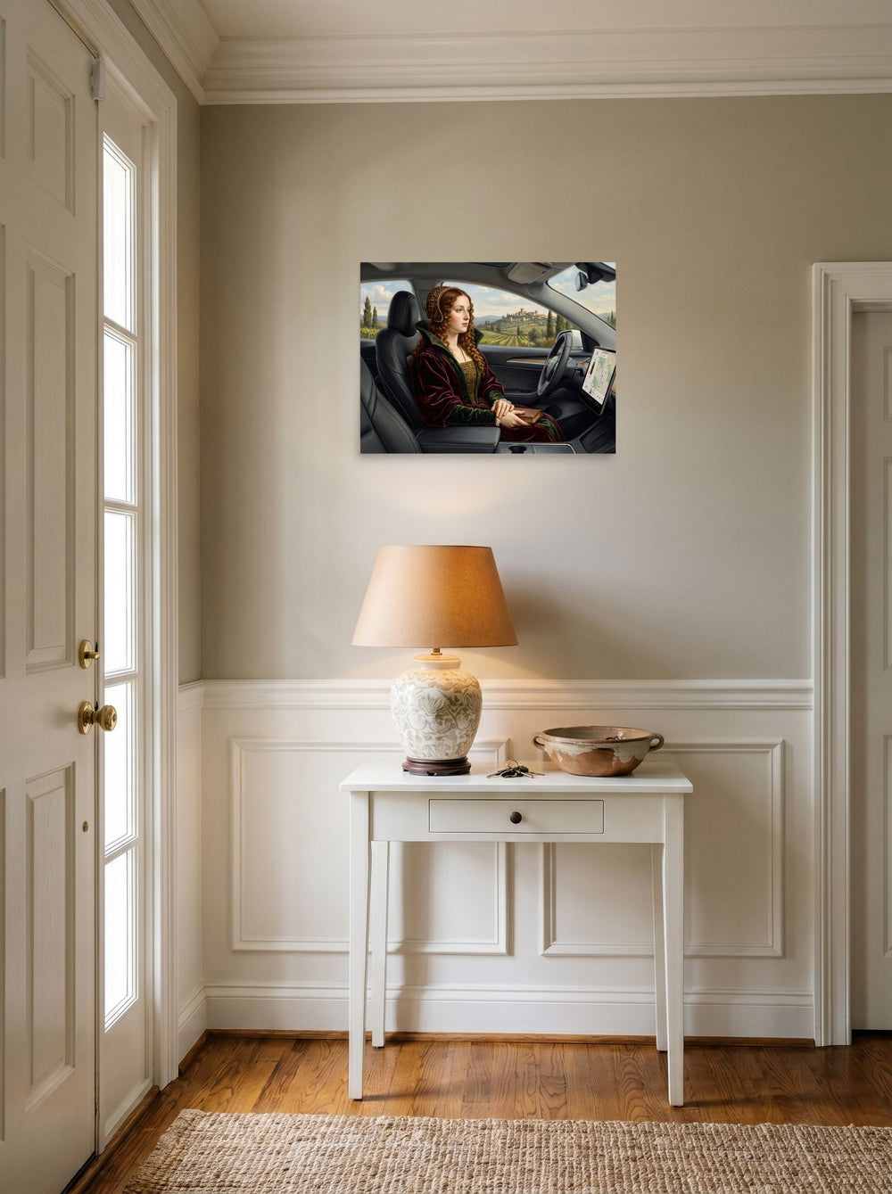 The Renaissance print 'Autopilot in Tuscany', 24x18 inch unframed paper, set against a bright entryway wall.