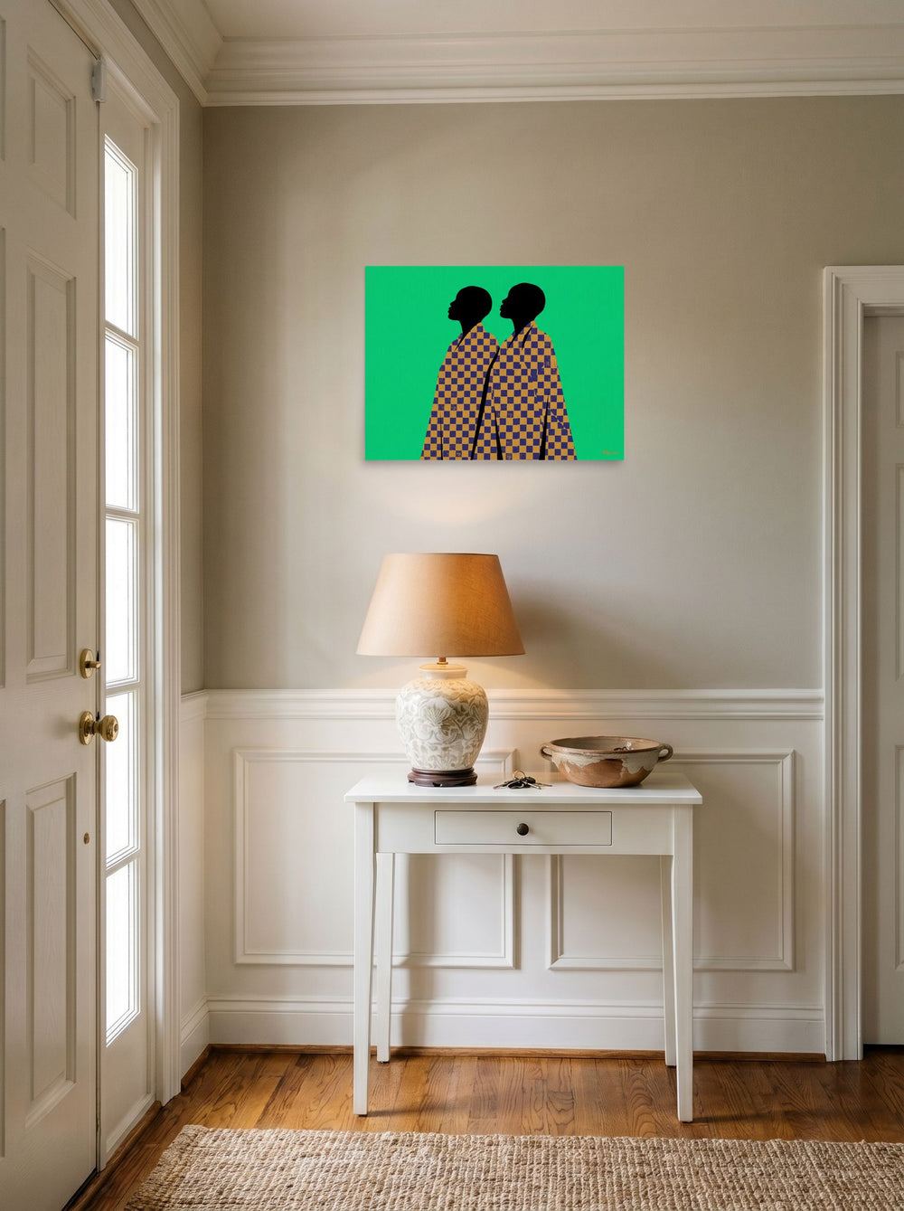A 24x18 inch unframed paper Afrofuturism,Pop art print of 'Checkered Solidarity' hanging in an entryway near a console.
